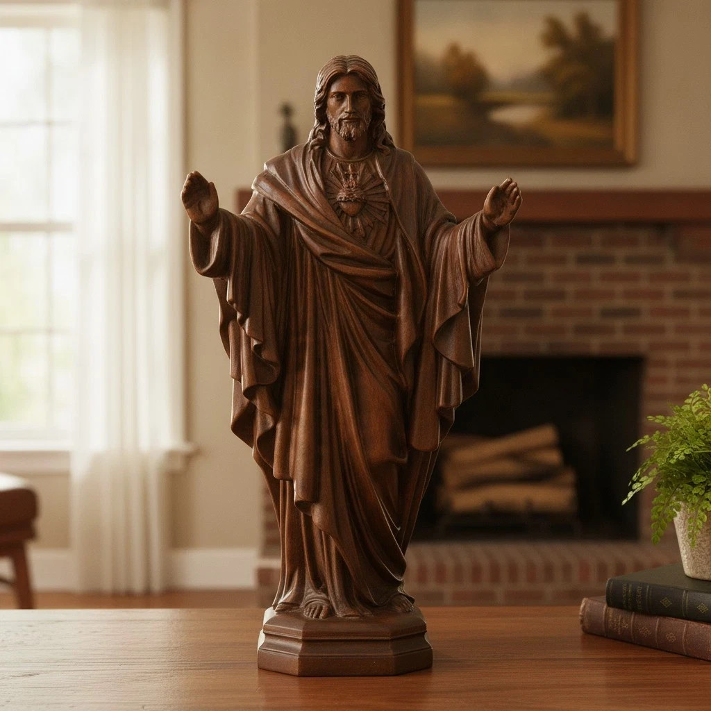 Wooden Sacred Heart of Jesus Statue, Handmade Jesus Figurine Ornament, Catholic Wooden Sacred Heart of Jesus Statue, Handmade Jesus Figurine Ornament, Catholic