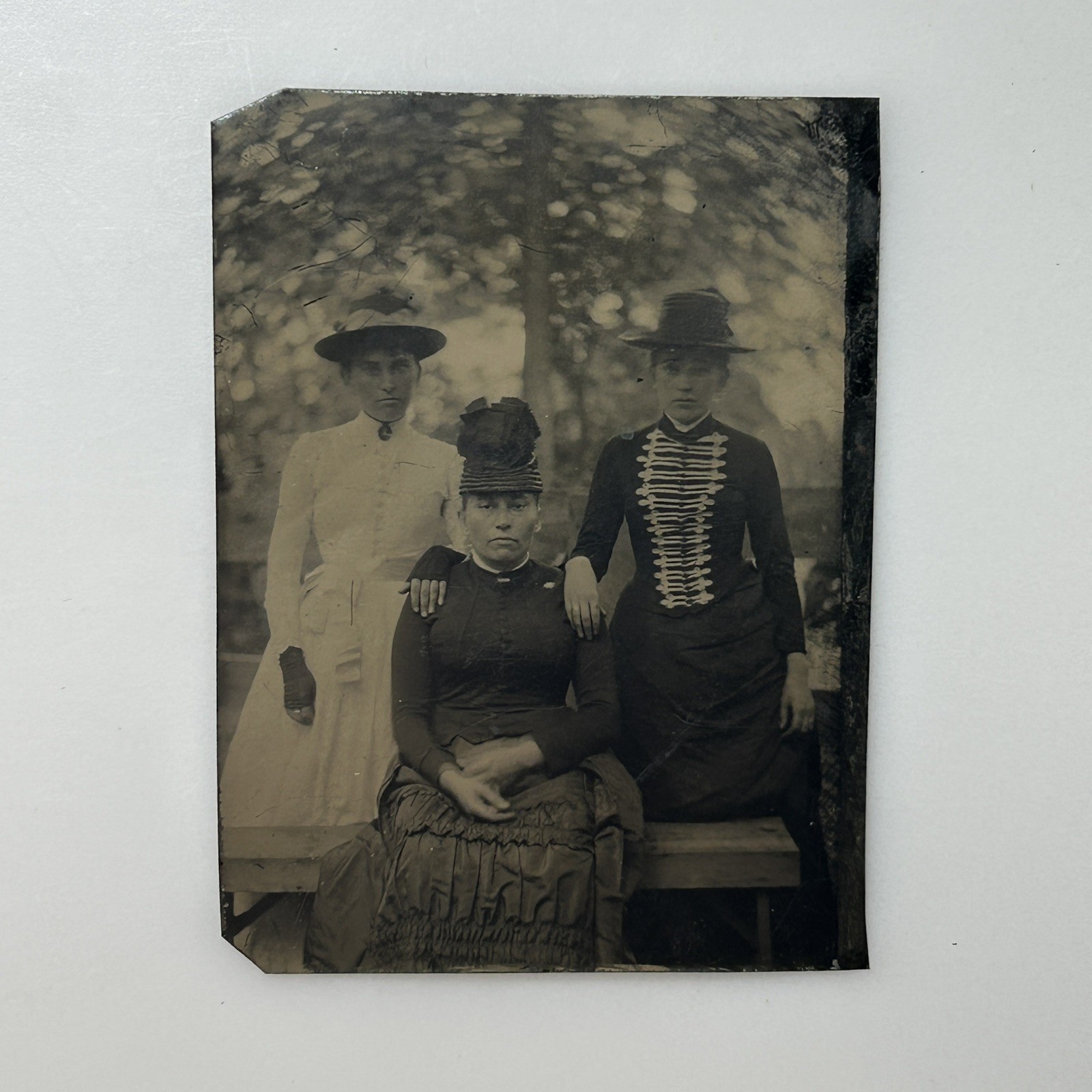 Antique Tintype Three Victorian Women Unusual Fashion Hats 1/6 Plate