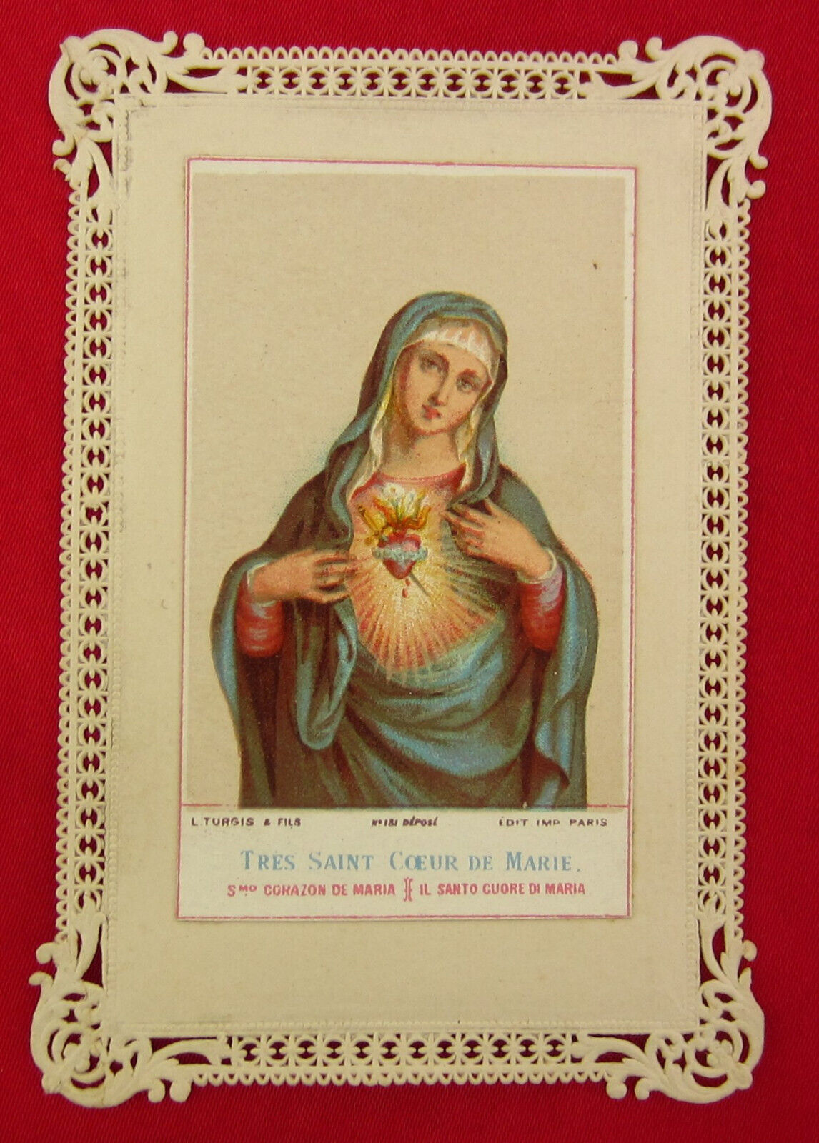 Antique MARY Lace Holy Card MOST HOLY HEART Religious French Prayer Card TURGIS