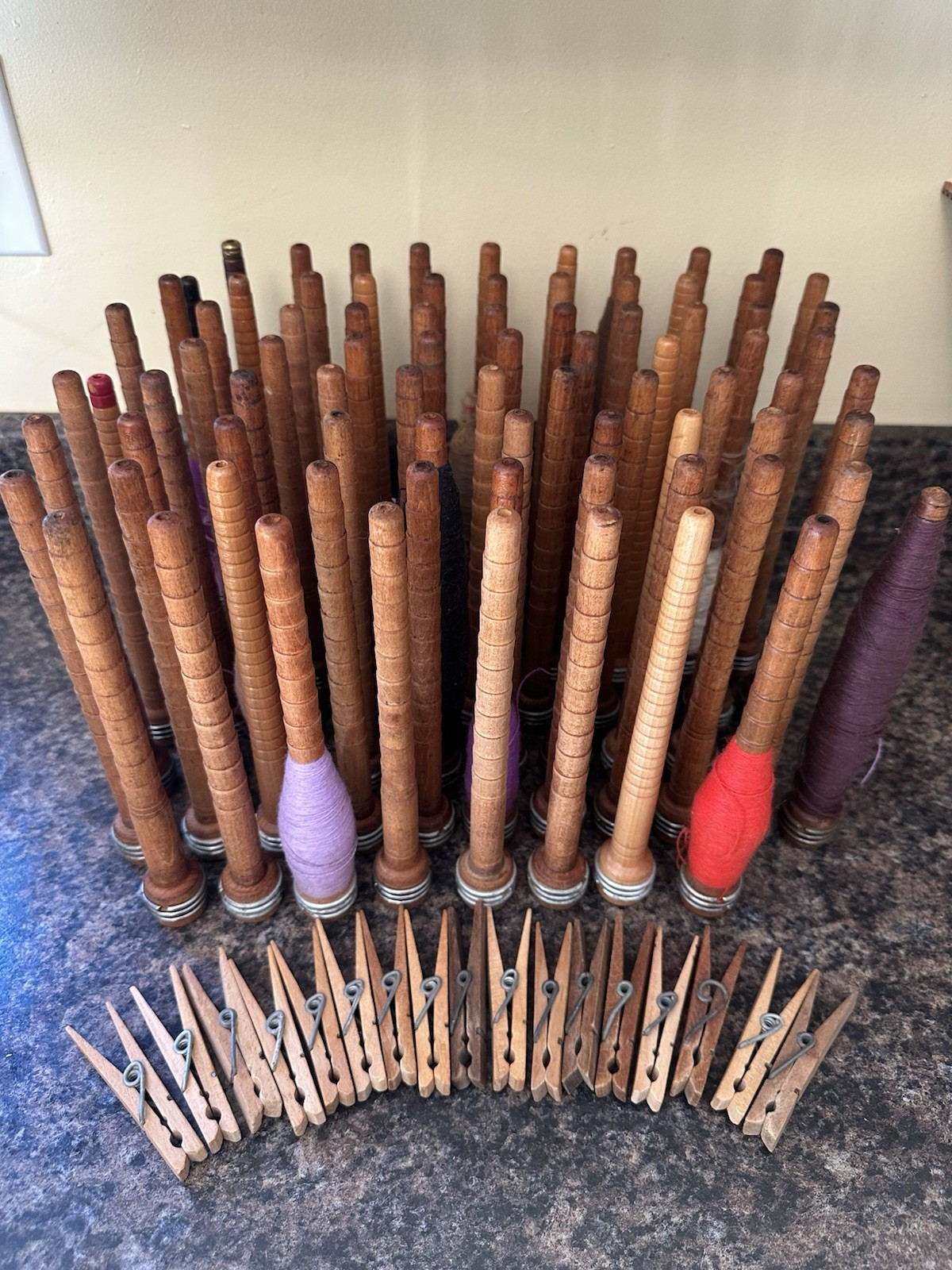 Lot 80+ Vintage Wooden Textile Mills Spools Bobbins Primitive Decor Clothespins