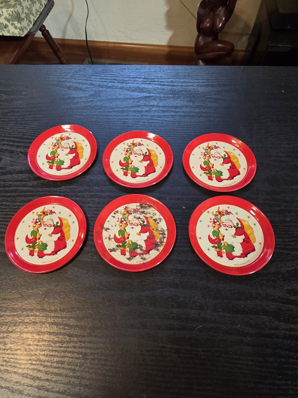 6 Vintage Metal Christmas Coasters SANTA w/ Toy Bag and Starbursts Hong Kong 6 Vintage Metal Christmas Coasters SANTA w/ Toy Bag and Starbursts Hong Kong