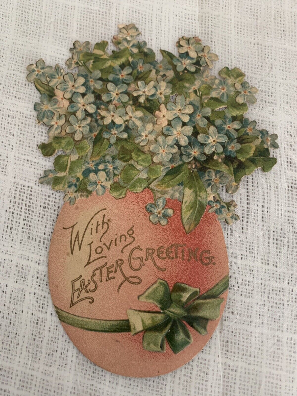 Vintage Tuck & Sons Die-cut: “With Loving Easter Greeting” Egg & Flowers Decor
