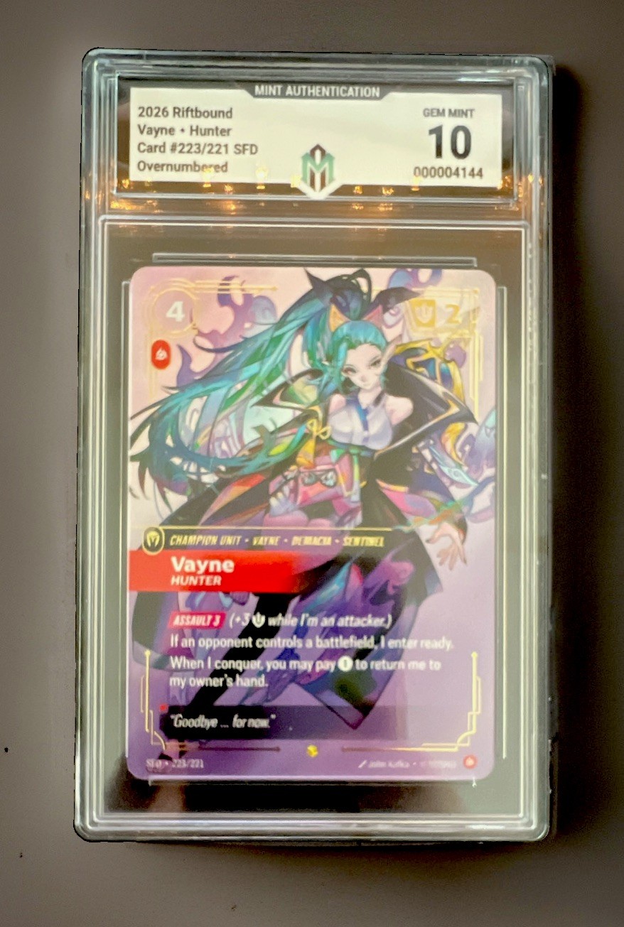 Mint Authentication 2026 Riftbound LoL Vayne • Hunter 223/221 SFD Graded Mint Authentication 2026 Riftbound LoL Vayne • Hunter 223/221 SFD Graded