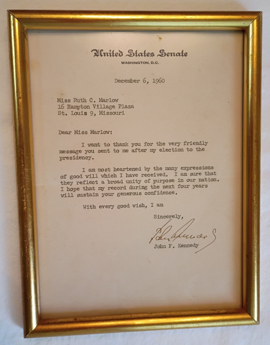 Signed letter from President-elect John F. Kennedy, Dec 6, 1960, in old frame Signed letter from President-elect John F. Kennedy, Dec 6, 1960, in old frame