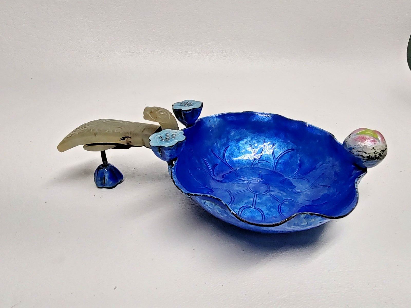 Antique Chinese Canton Blue Enamel Lotus Dish with Jade Hook Handle 6" long