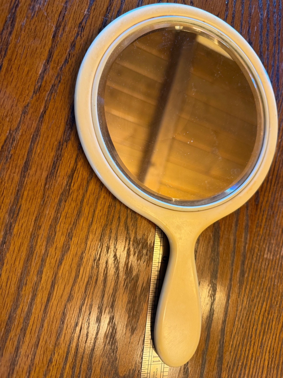 2-Vintage Bakelite French Ivory Hand Vanity Mirror Beveled Glass