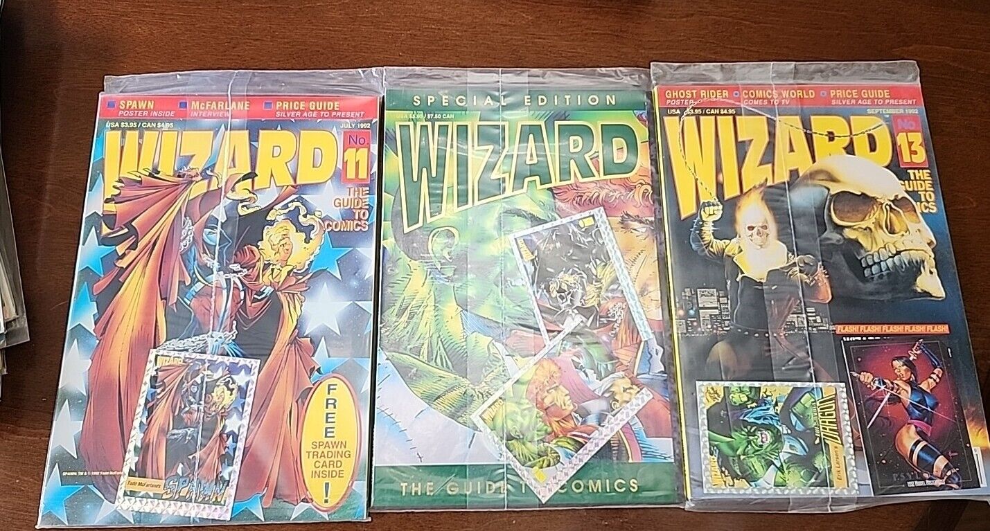 Wizard Magazine Lot Of 3.  Excellent Condition, Still Bagged And With Cards