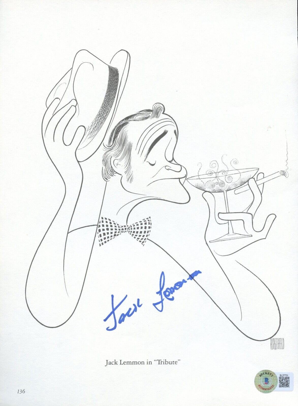 Jack Lemmon signed autograph 8x11 cut Actor in Tribute Hirschfeld Portrait BAS