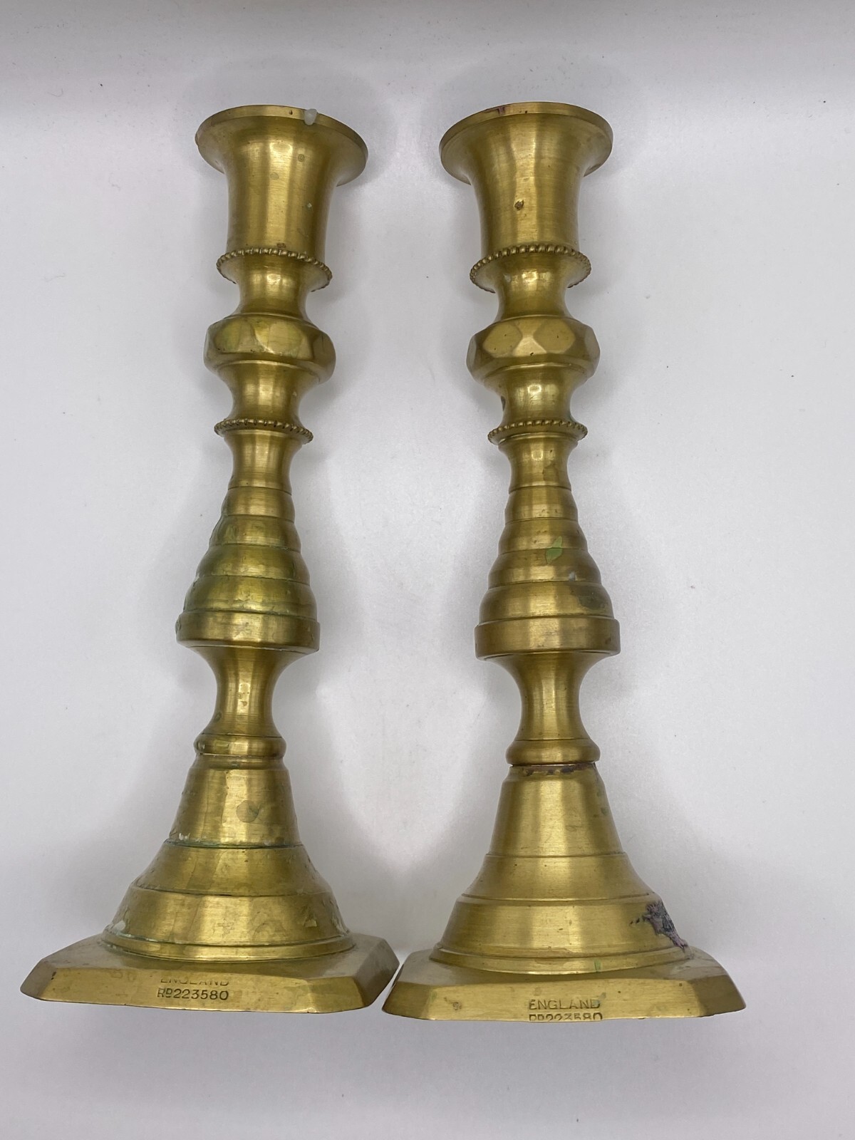 ATQ Brass Candlestick Holders 7.25"H English Beehive Push-Ups Marked c1880-1902