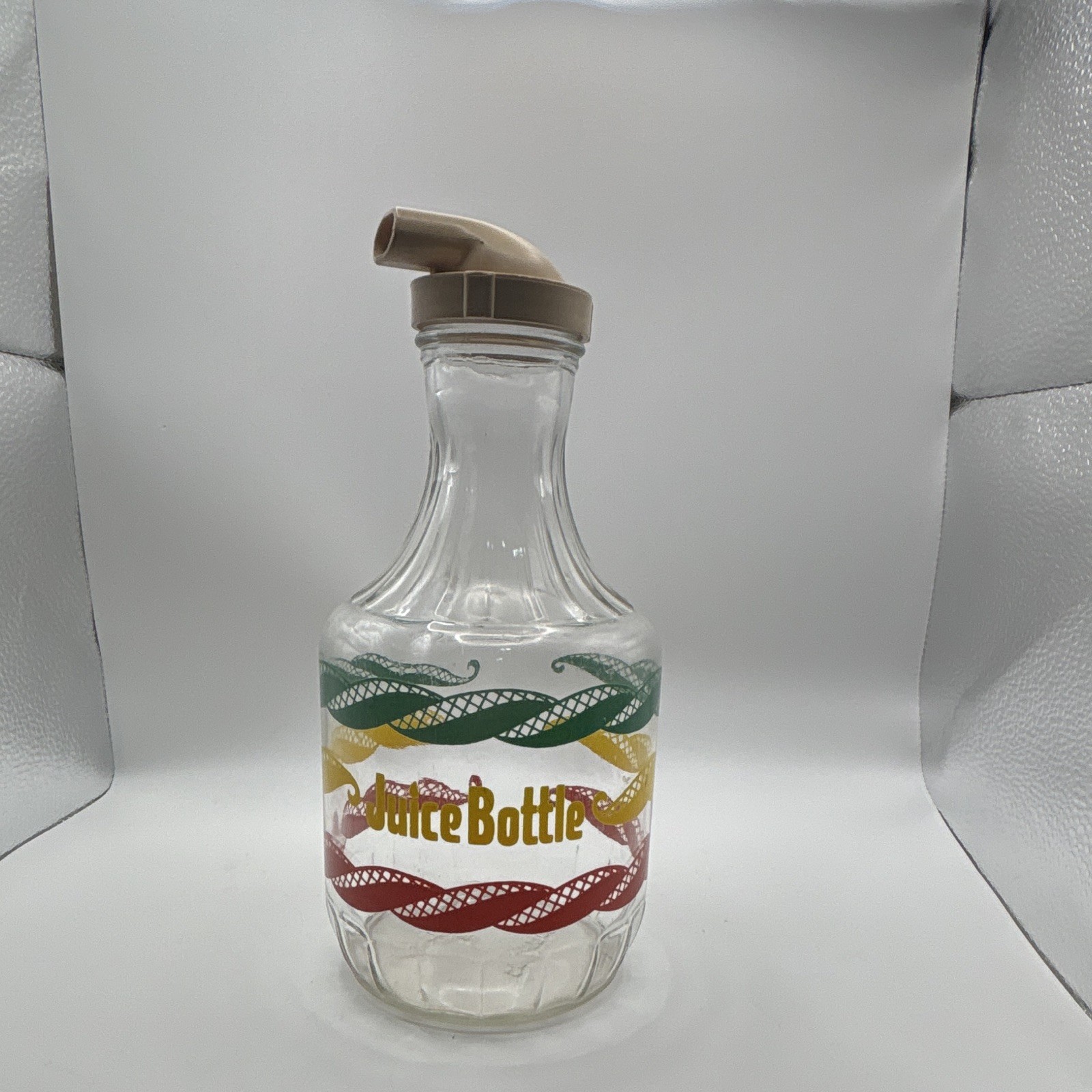 Vintage Glass Juice Bottle Carafe Retro MCM Red Yellow Green Pour Spout Lid Vintage Glass Juice Bottle Carafe Retro MCM Red Yellow Green Pour Spout Lid