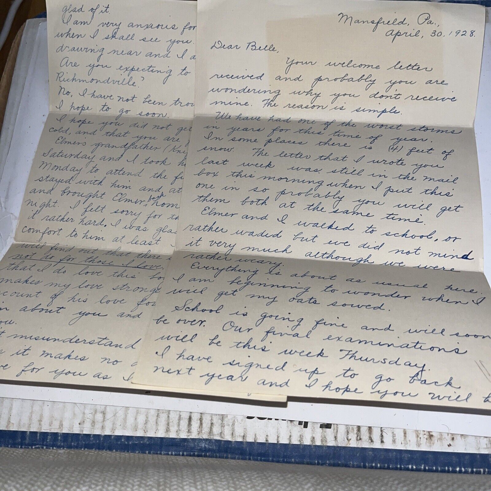 Antique 1928 Letter from Mansfield PA Tells of Historic 4 Foot April Snow Storm