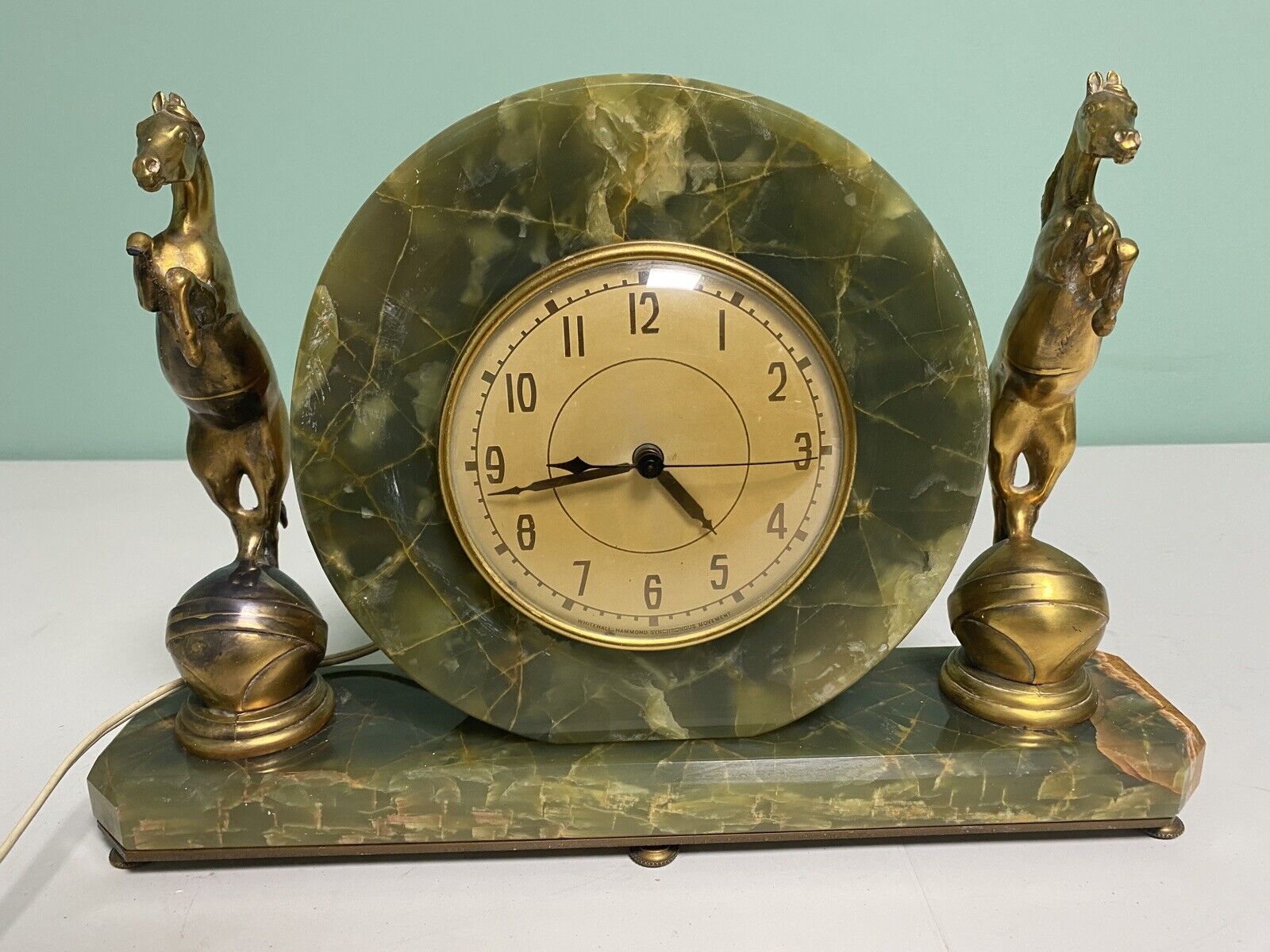 Antique Whitehall Hammond Art Deco Green Onyx Electric Clock