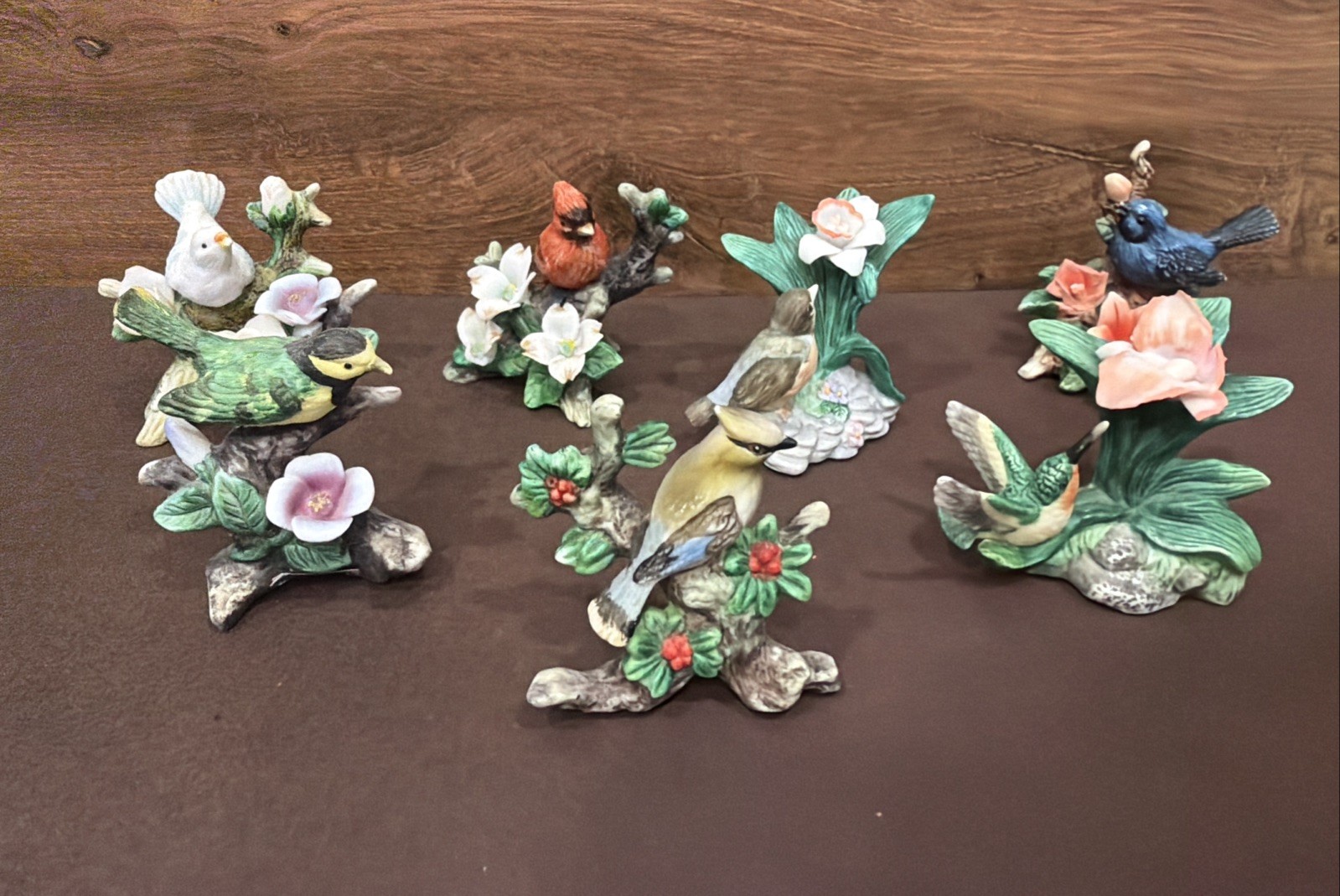 Vintage Miniature Porcelain Bird Figurines Y.H. 1990s Flower Tree Refurbished Vintage Miniature Porcelain Bird Figurines Y.H. 1990s Flower Tree Refurbished