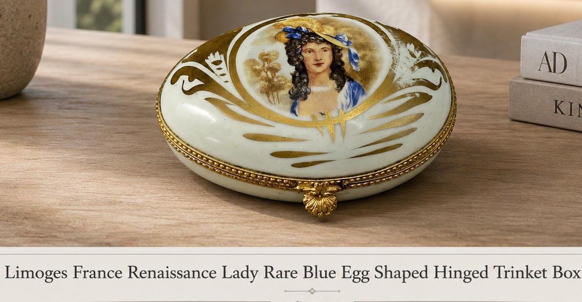 Limoges France Renaissance Portrait Lady Blue Egg Hinged Trinket Box Signed VTG Limoges France Renaissance Portrait Lady Blue Egg Hinged Trinket Box Signed VTG