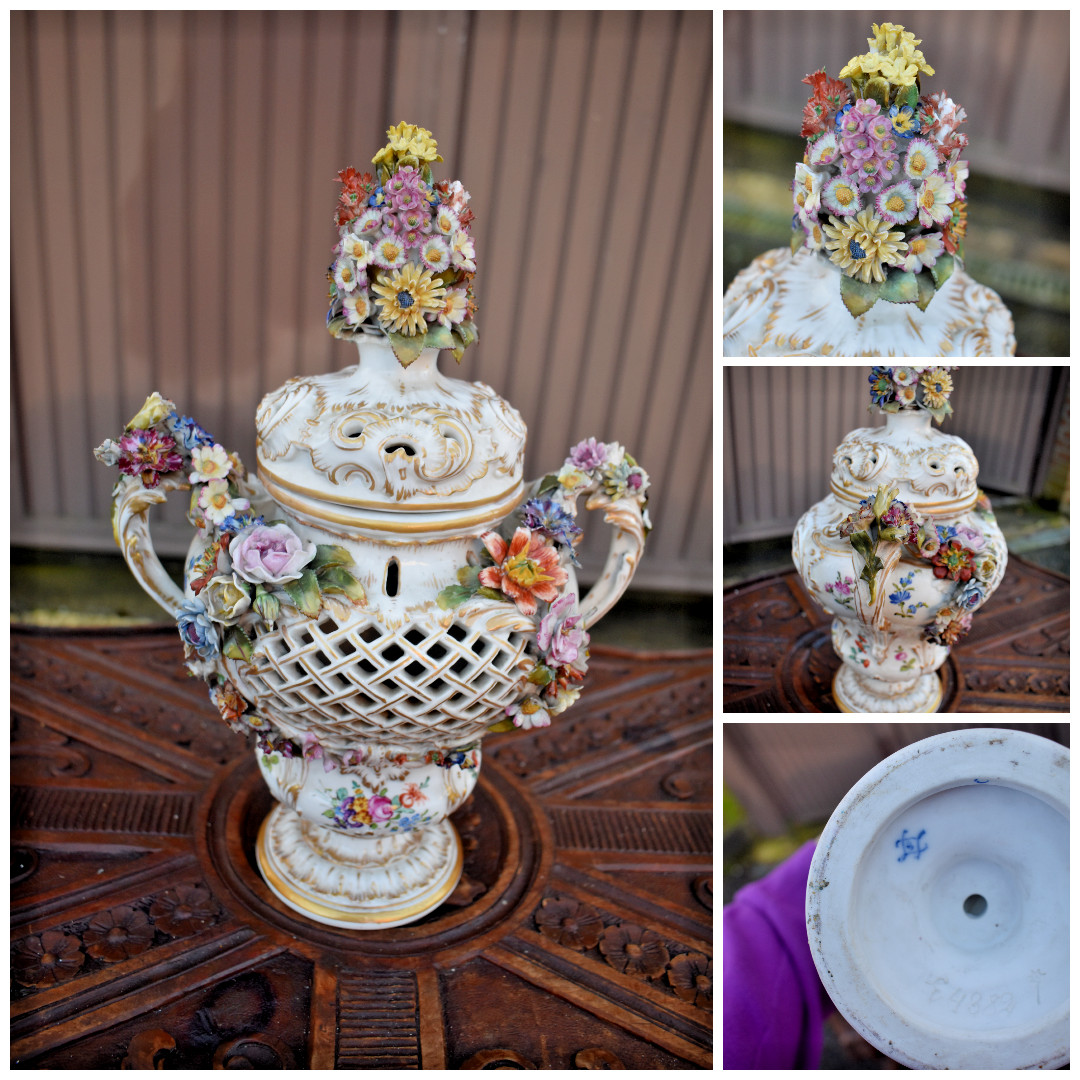 Antique porcelain Potpourri vase relief floral decor attr. jacob petit sevres Antique porcelain Potpourri vase relief floral decor attr. jacob petit sevres