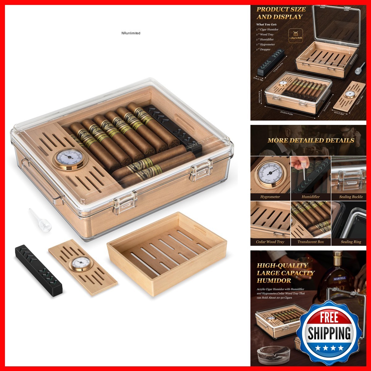 AWOTE Acrylic Cigar Humidor, Clear Cigar Hygrometer, Humidifier And Cedar Wood AWOTE Acrylic Cigar Humidor, Clear Cigar Hygrometer, Humidifier And Cedar Wood