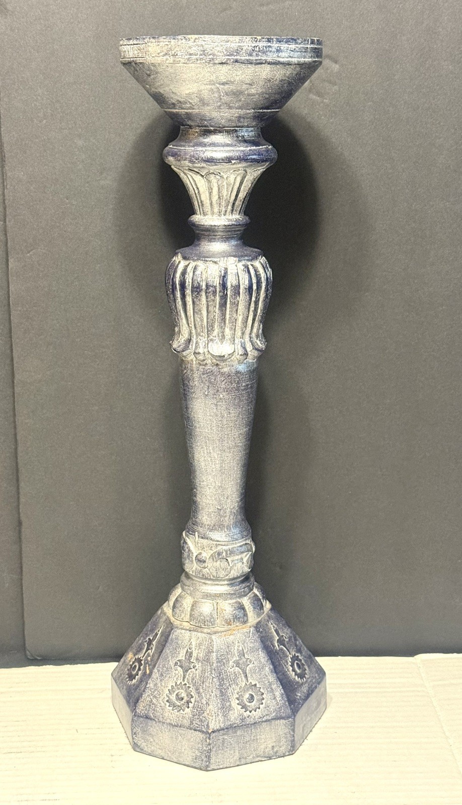 Beautiful Rustic Silver Large Hand Carved Painted Resin Candle Stick Holder