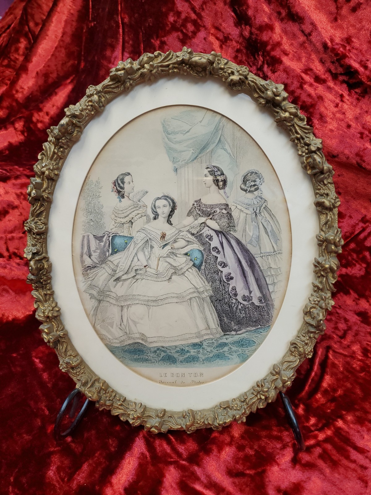 Antique Victorian Wood Gesso Oval Frame Le Bon Ton Engraving Artwork Antique Victorian Wood Gesso Oval Frame Le Bon Ton Engraving Artwork