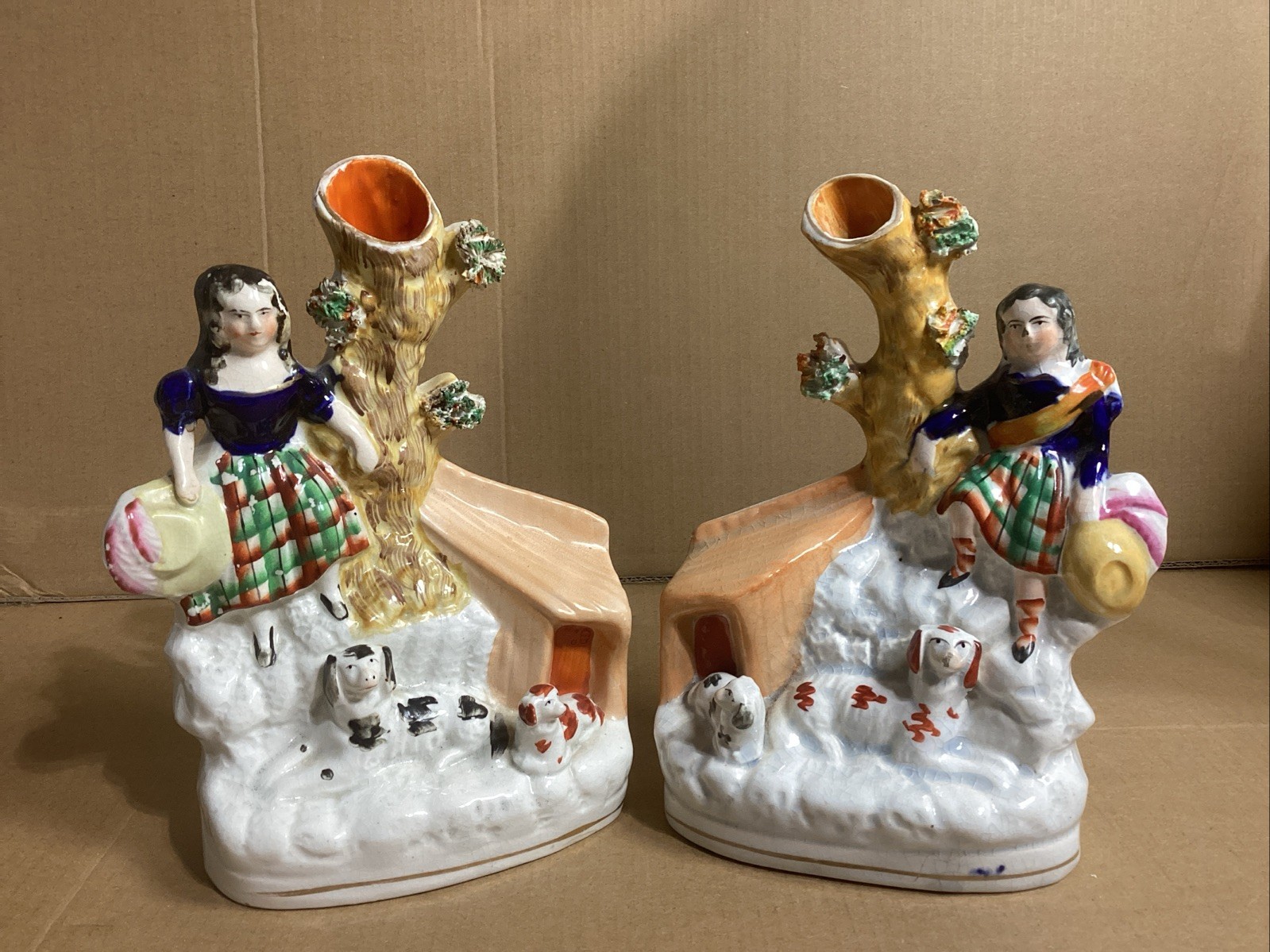 Fine PAIR Antique ENGLISH Staffordshire Spill Vases Holders Dogs Spaniels FIGURE