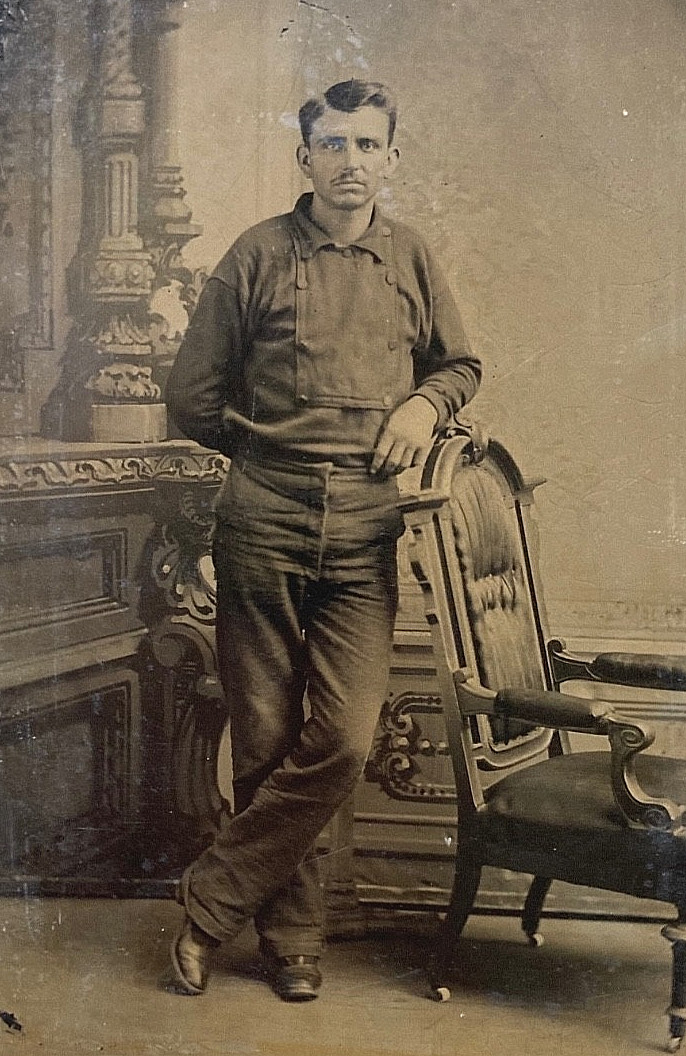Antique Western Cowboy Laborer Shield Bib Front Work Shirt 1890 Tintype Photo