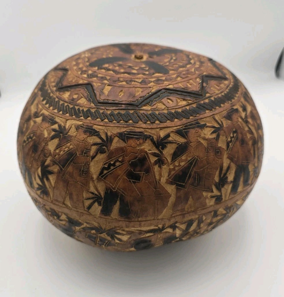 Large Hand Carved Decorated Gourd Bowl Folk Art Etched Figures Lidded Box 9" Large Hand Carved Decorated Gourd Bowl Folk Art Etched Figures Lidded Box 9"