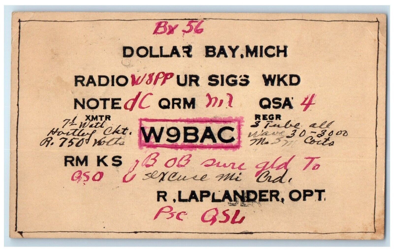 c1920's Ham Radio R. Laplander Opt. Dollar Bay Michigan MI Vintage Postcard