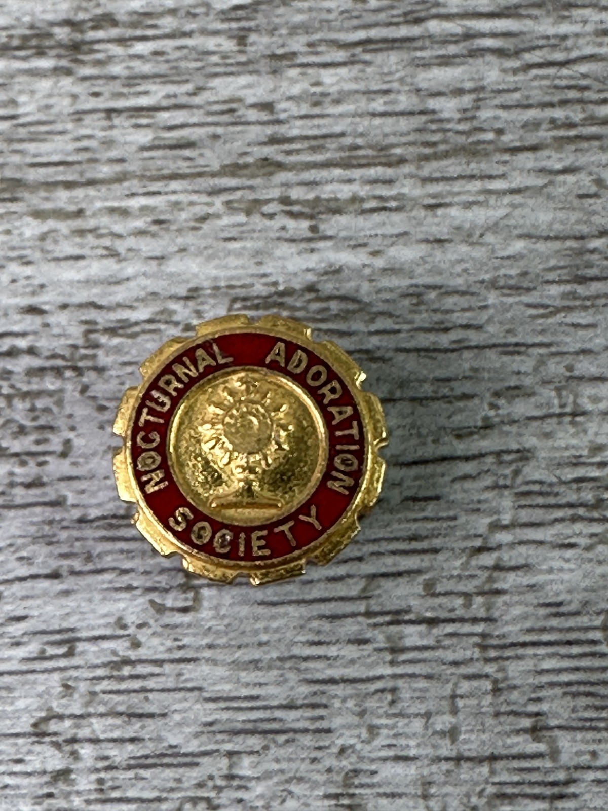 Vintage Nocturnal Adoration Society Lapel Pin Gold Red Enamel Religious Button