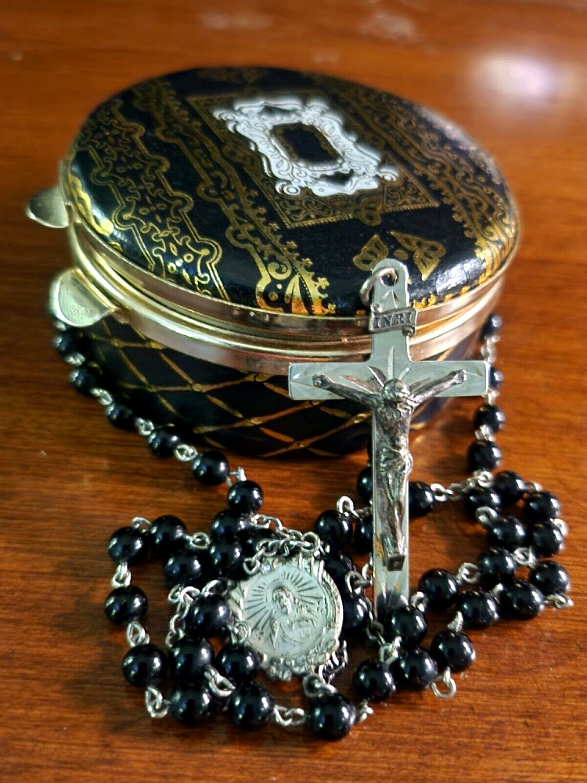 Vintage AG INC Sterling Silver Rosary Black Glass Beads & Vtg Paper Covered Case Vintage AG INC Sterling Silver Rosary Black Glass Beads & Vtg Paper Covered Case