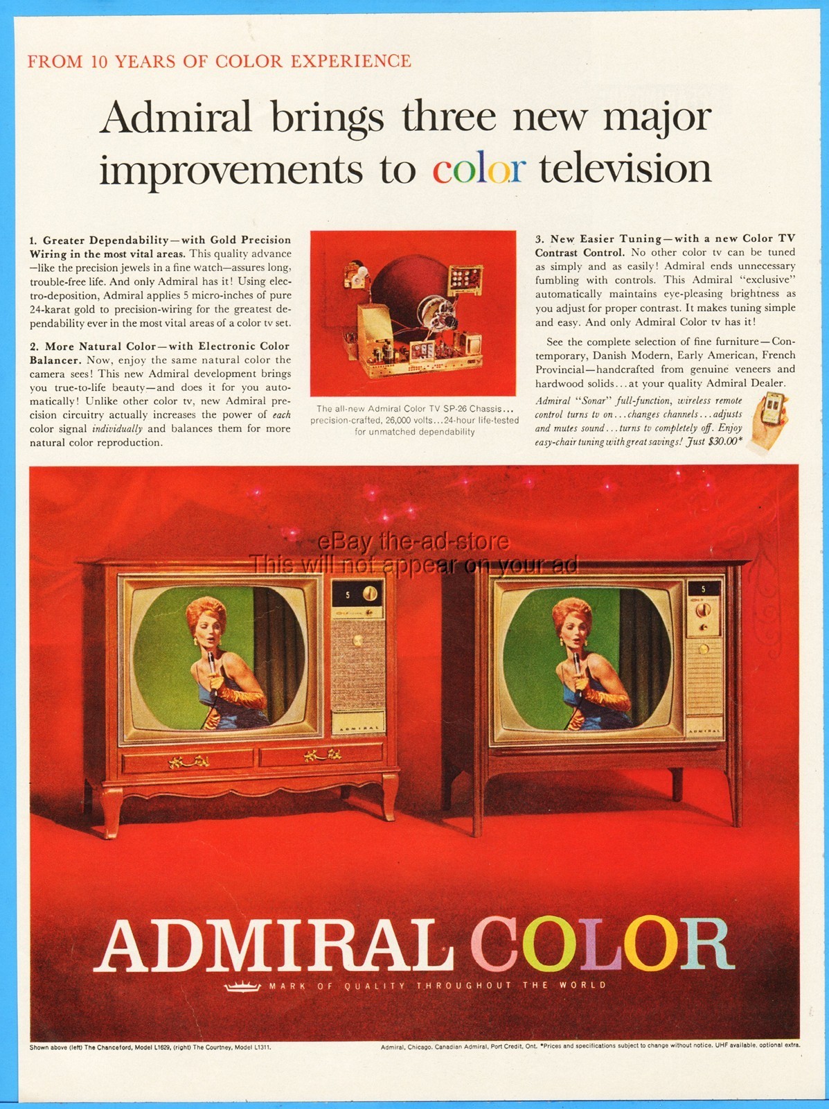 1963 Admiral Color TV Television Set SP-26 Chassis Sonar Wireless Remote Ad 1963 Admiral Color TV Television Set SP-26 Chassis Sonar Wireless Remote Ad