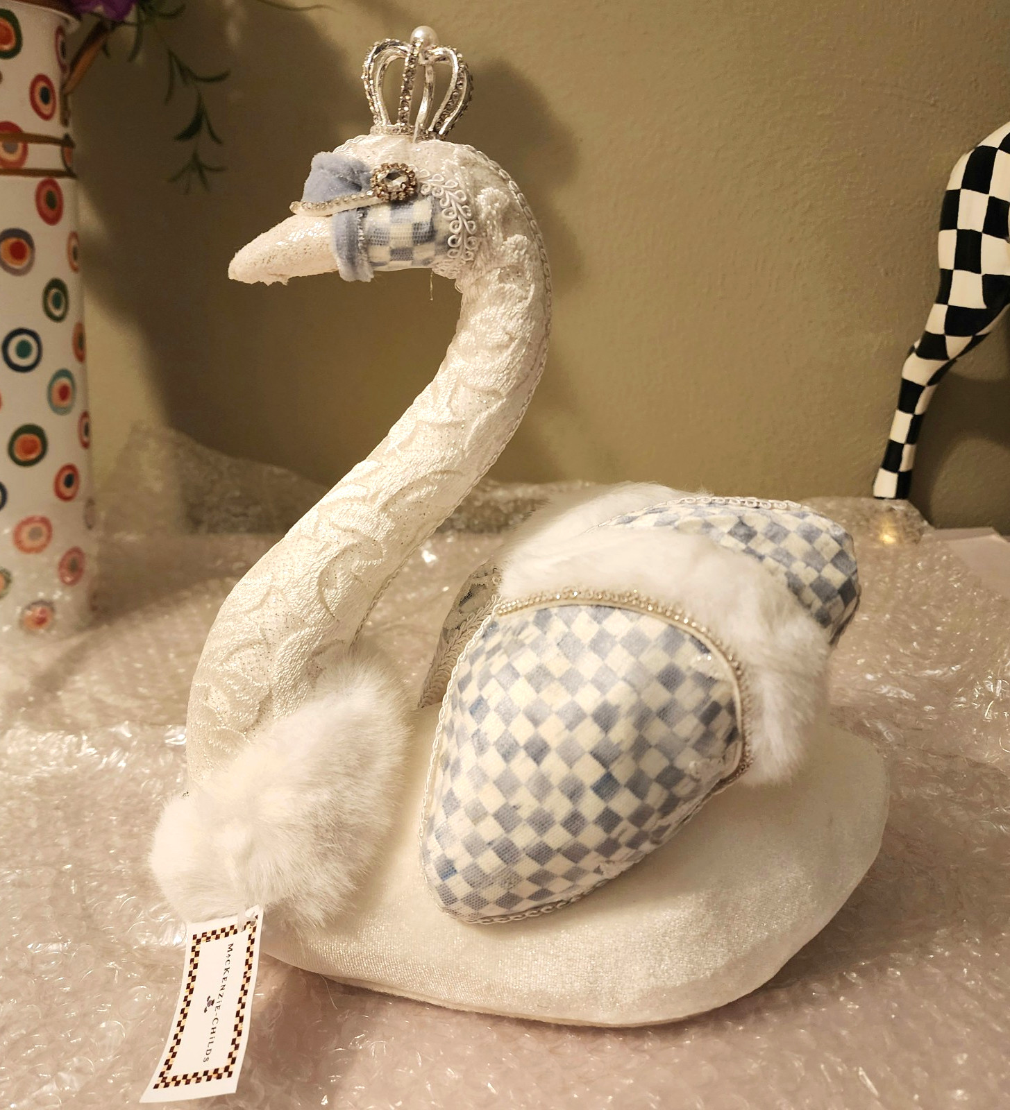 Mackenzie Childs Sterling Check Crystal Palace Fabric Swan Figurine 11.5"  NIB