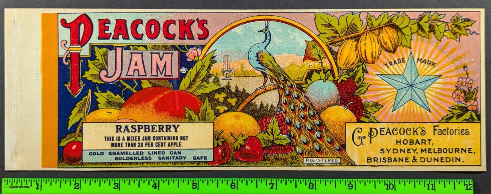 Vintage 1900's Peacock's Rasberry Jam Food Label Vintage 1900's Peacock's Rasberry Jam Food Label