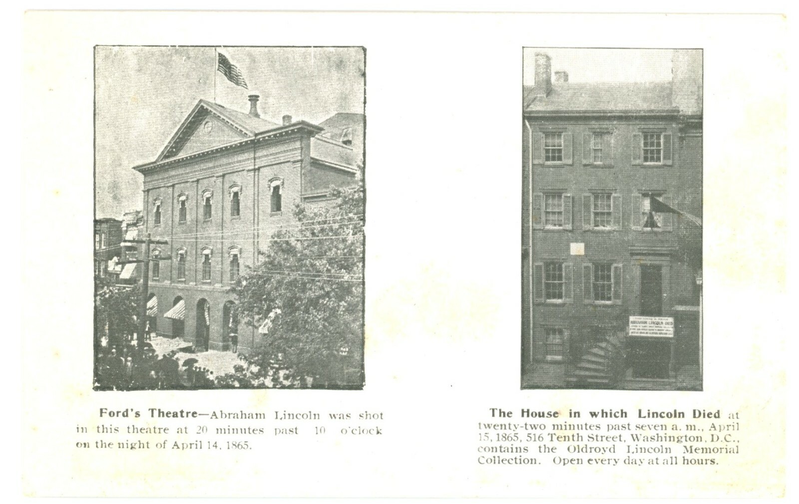 Washington DC Ford's Theatre & Petersen House Lincoln Undivided Back Postcard