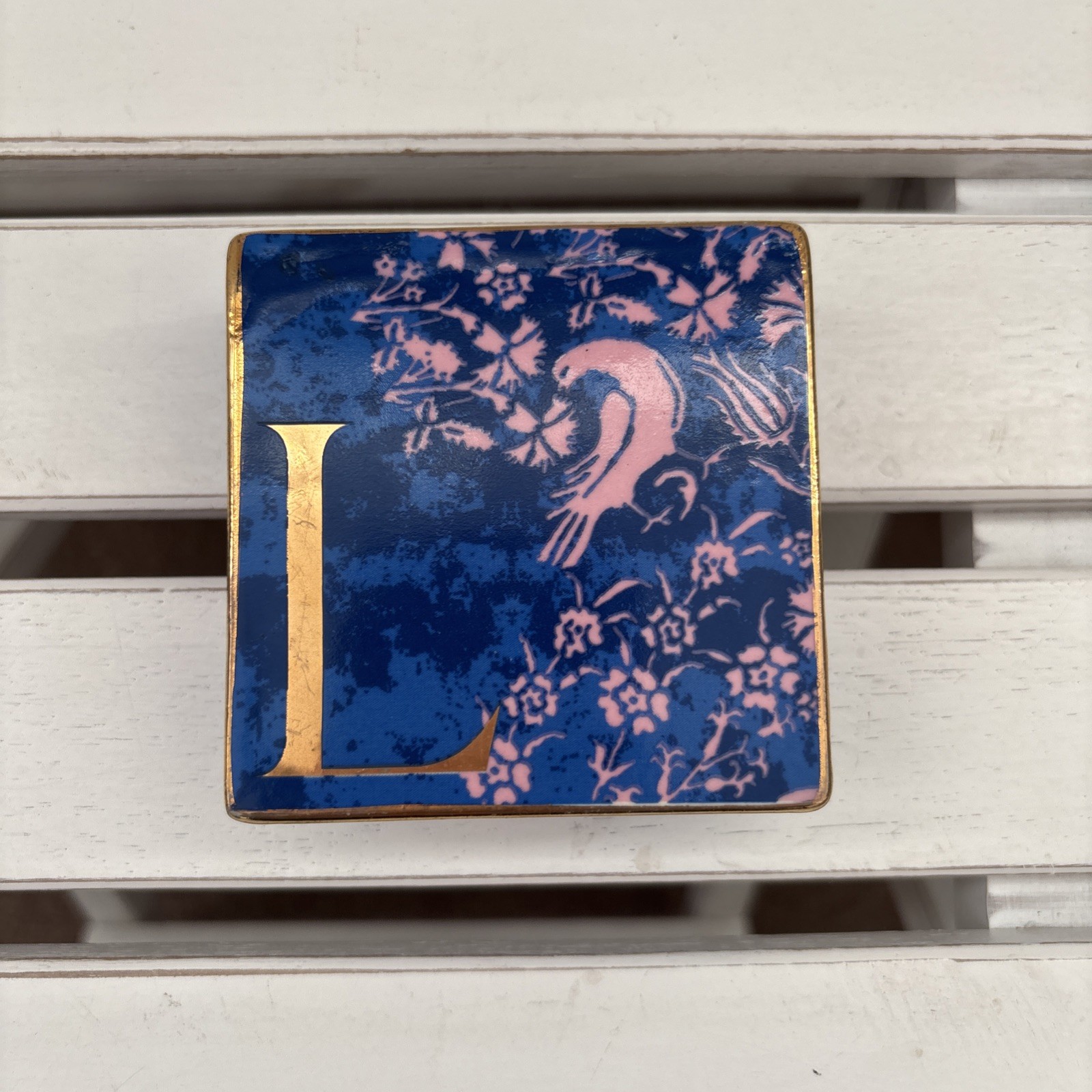 Anthropologie Venice Monogram Gold Lettering "L" Trinket Box Bird Blue Ceramic Anthropologie Venice Monogram Gold Lettering "L" Trinket Box Bird Blue Ceramic