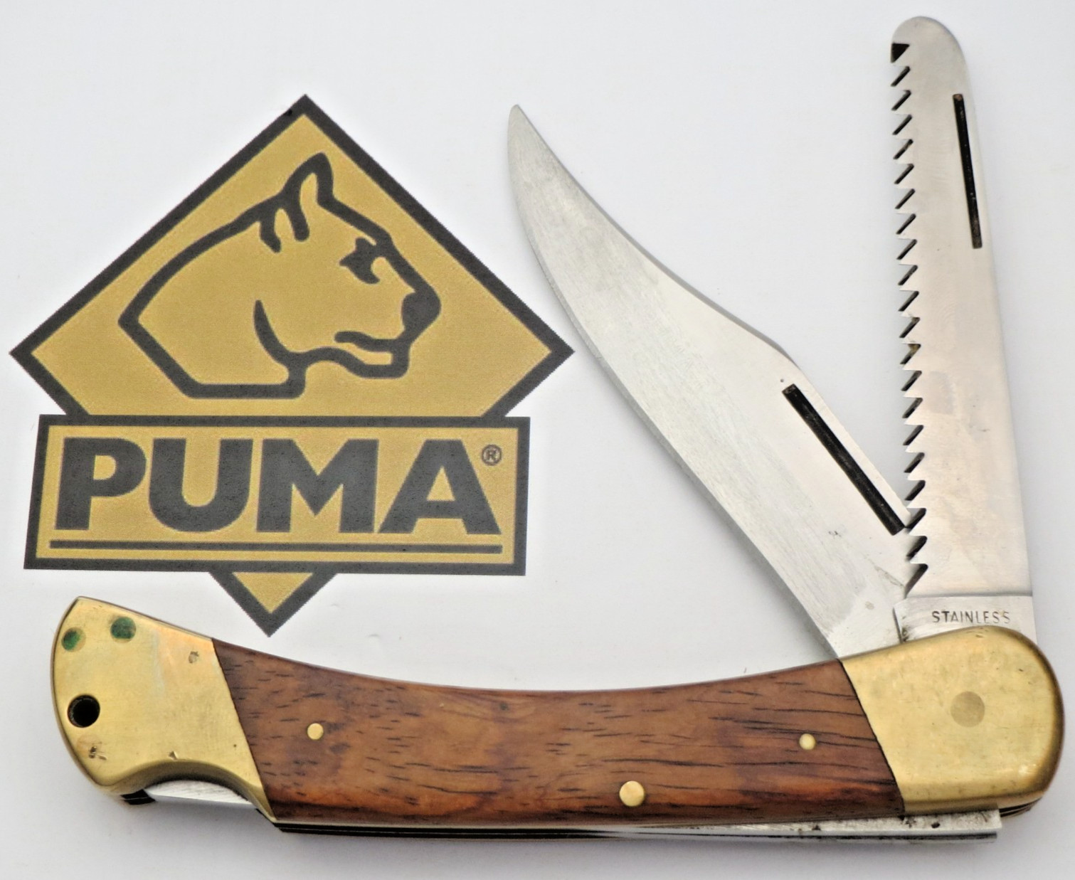 Vintage 1974 PUMA GAME WARDEN Dpuble Lockback Folding Hunter Knife Wood Handles