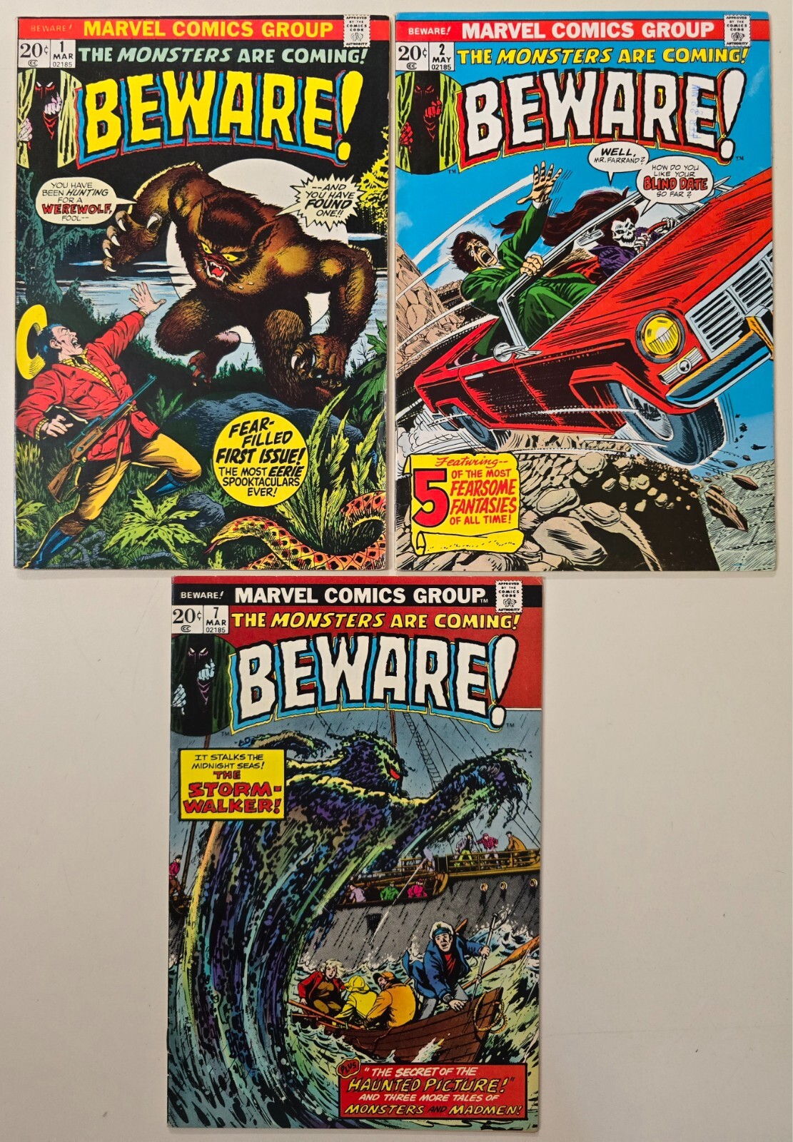 BEWARE #1, 2, 7 Marvel Comics Bronze Age Horror Lot-3 BEWARE #1, 2, 7 Marvel Comics Bronze Age Horror Lot-3