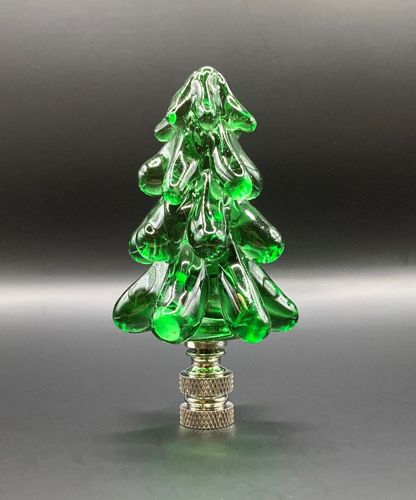Holiday/Christmas Lamp Finial-GREEN GLASS TREE-Polished Nickel Base