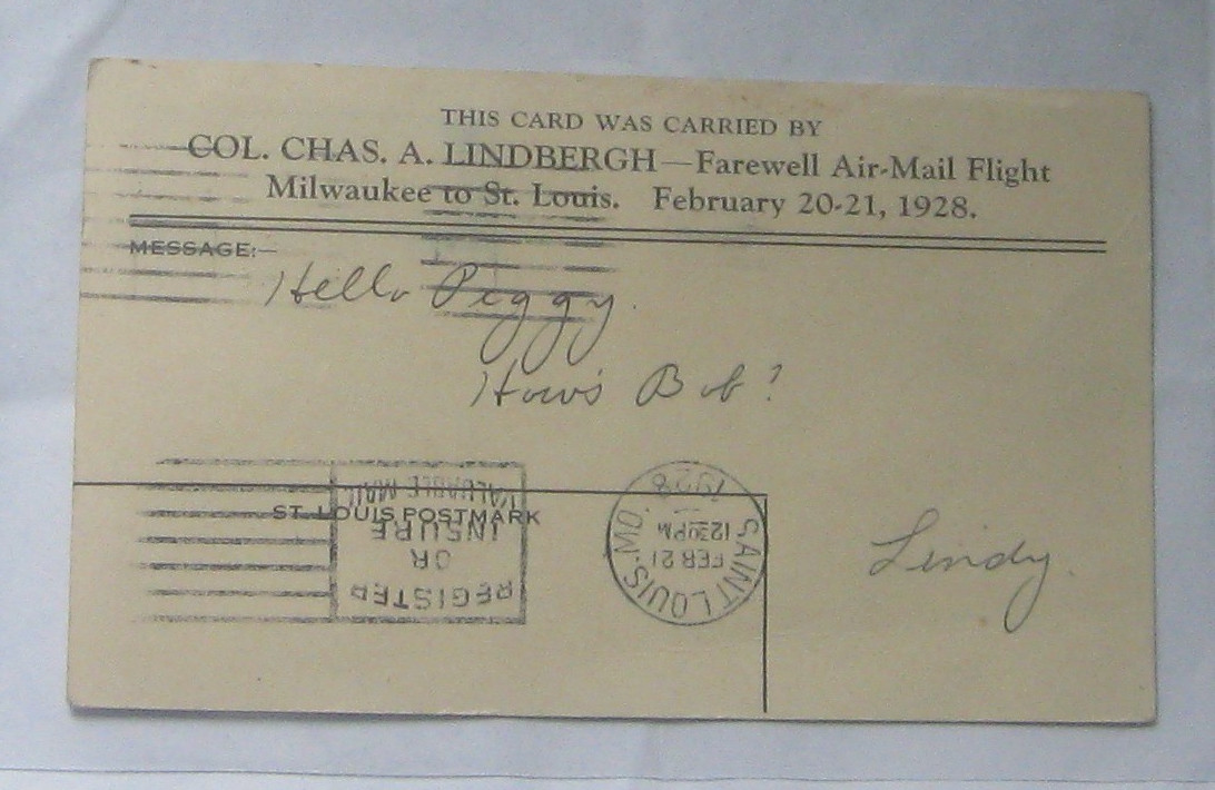 Historic Last Air Mail delivery 1928 postcard , Lindbergh signed it 'Lindy'