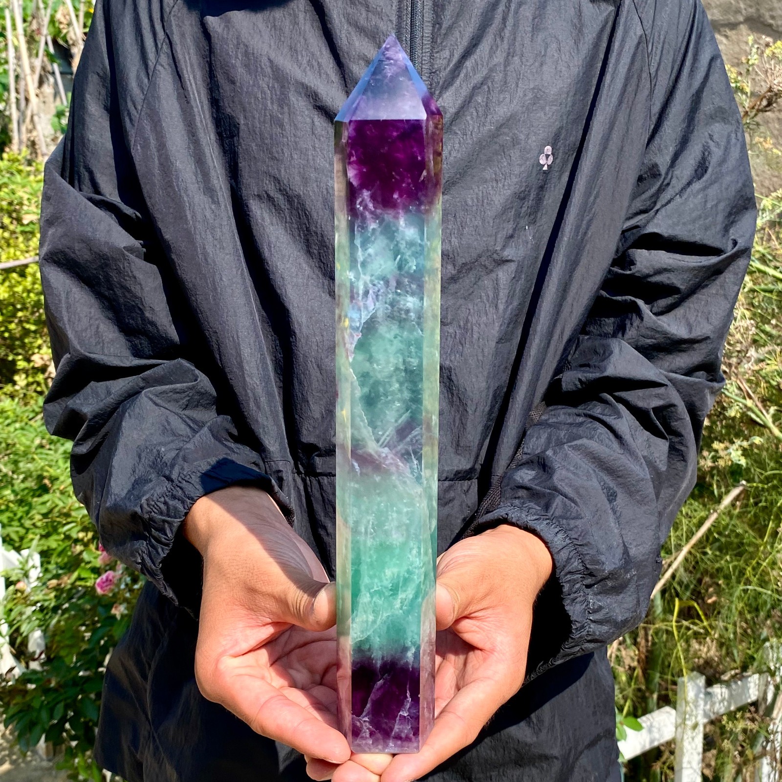 2.87LB Natural Rainbow Fluorite Obelisk Quartz Crystal Wand Tower Point Healing