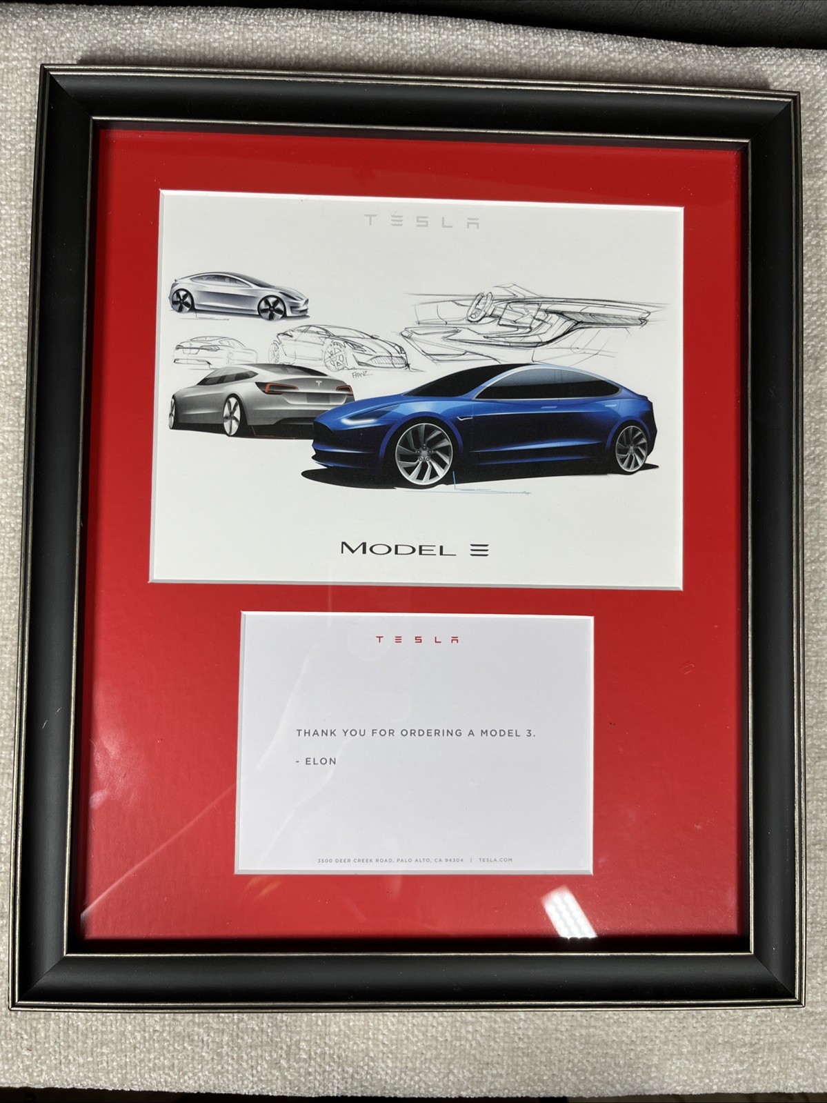 Tesla Model 3 Artwork and Preorder Thank You Letter From Elon Musk Matted Framed Tesla Model 3 Artwork and Preorder Thank You Letter From Elon Musk Matted Framed