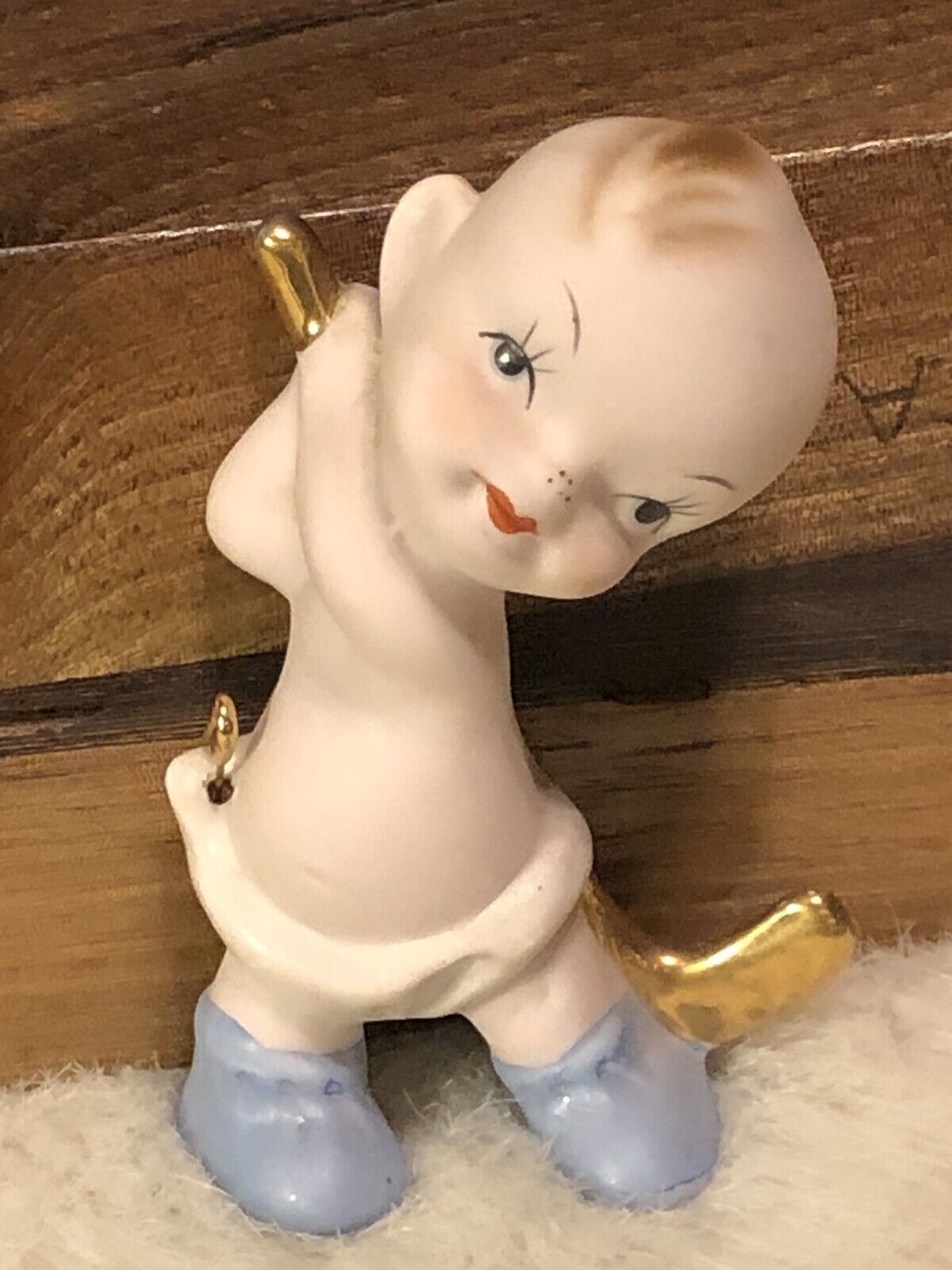 Bisque Porcelain Figurine Baby Boy Hockey Player Gold Stick 3.75\