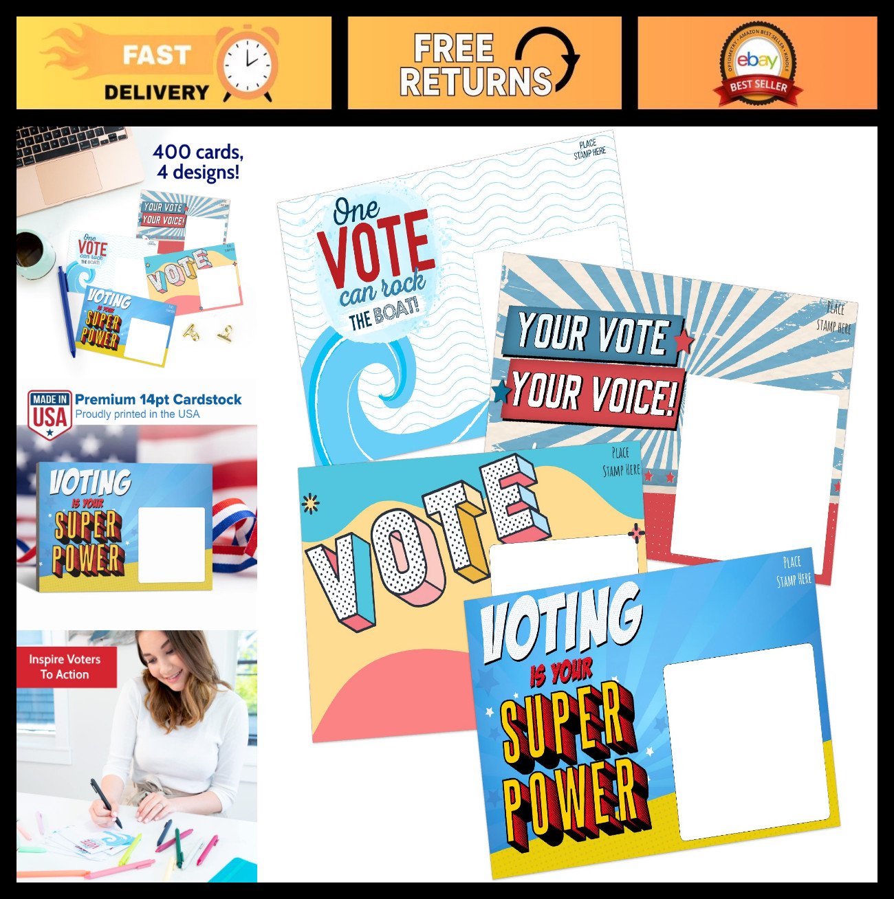 400 Bulk Voter Postcards 4x6 - 4 Vibrant Designs, Blank Back, Smear-Resistant Ca 400 Bulk Voter Postcards 4x6 - 4 Vibrant Designs, Blank Back, Smear-Resistant Ca