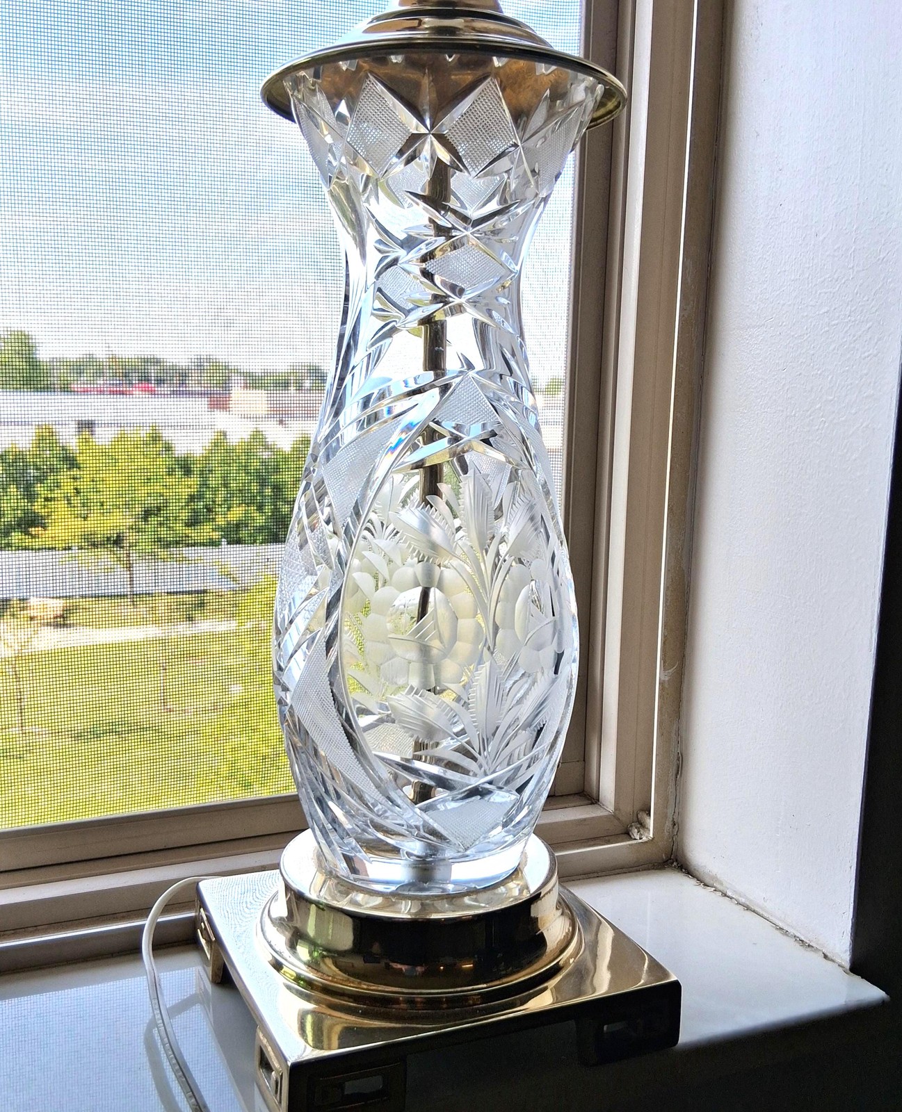 Dresden German Crystal Table Lamp, Floral Spray Design, Asian Brass Base 27"