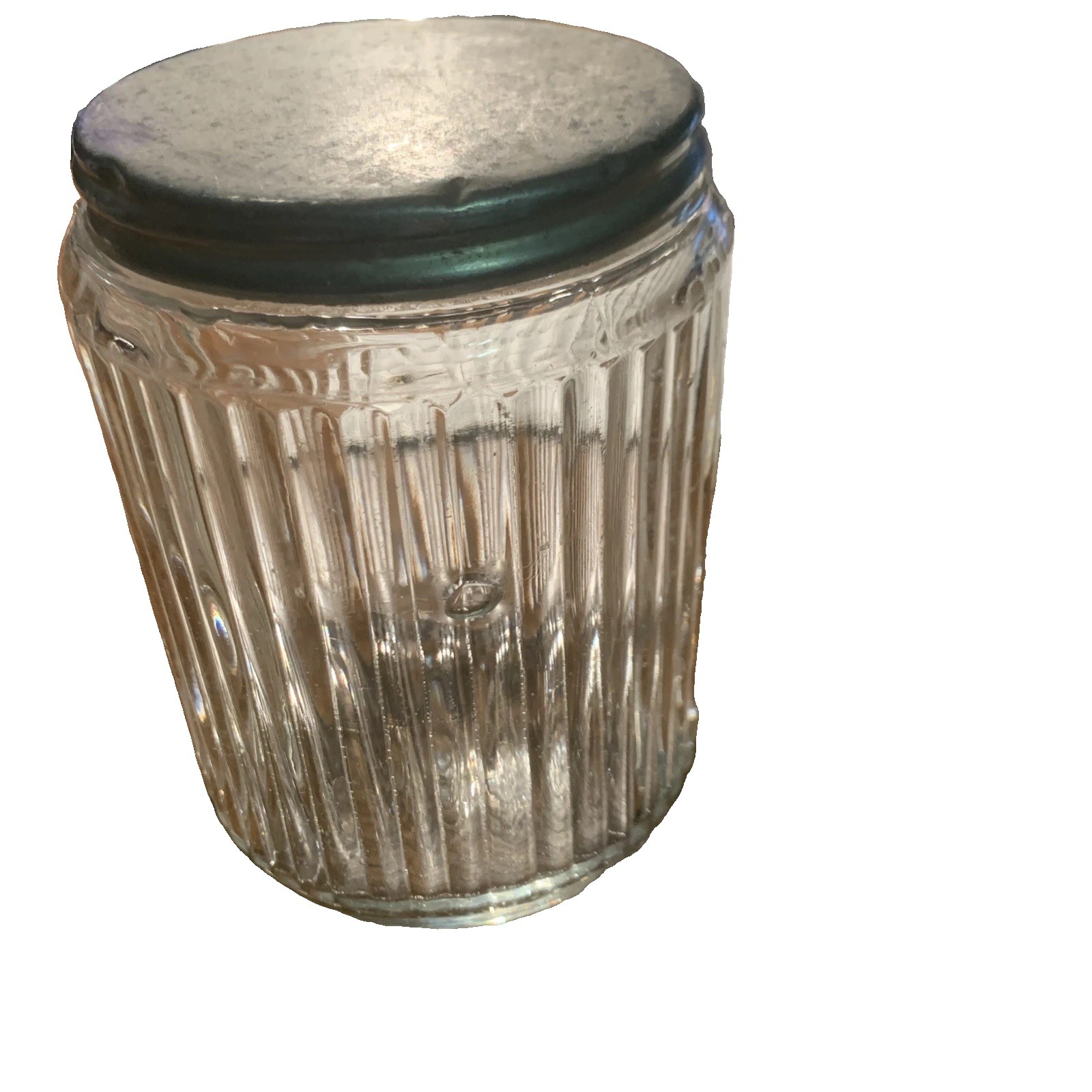 Vintage Hoosier Glass Embossed Tea Jar with Aluminum Lid Vintage Hoosier Glass Embossed Tea Jar with Aluminum Lid