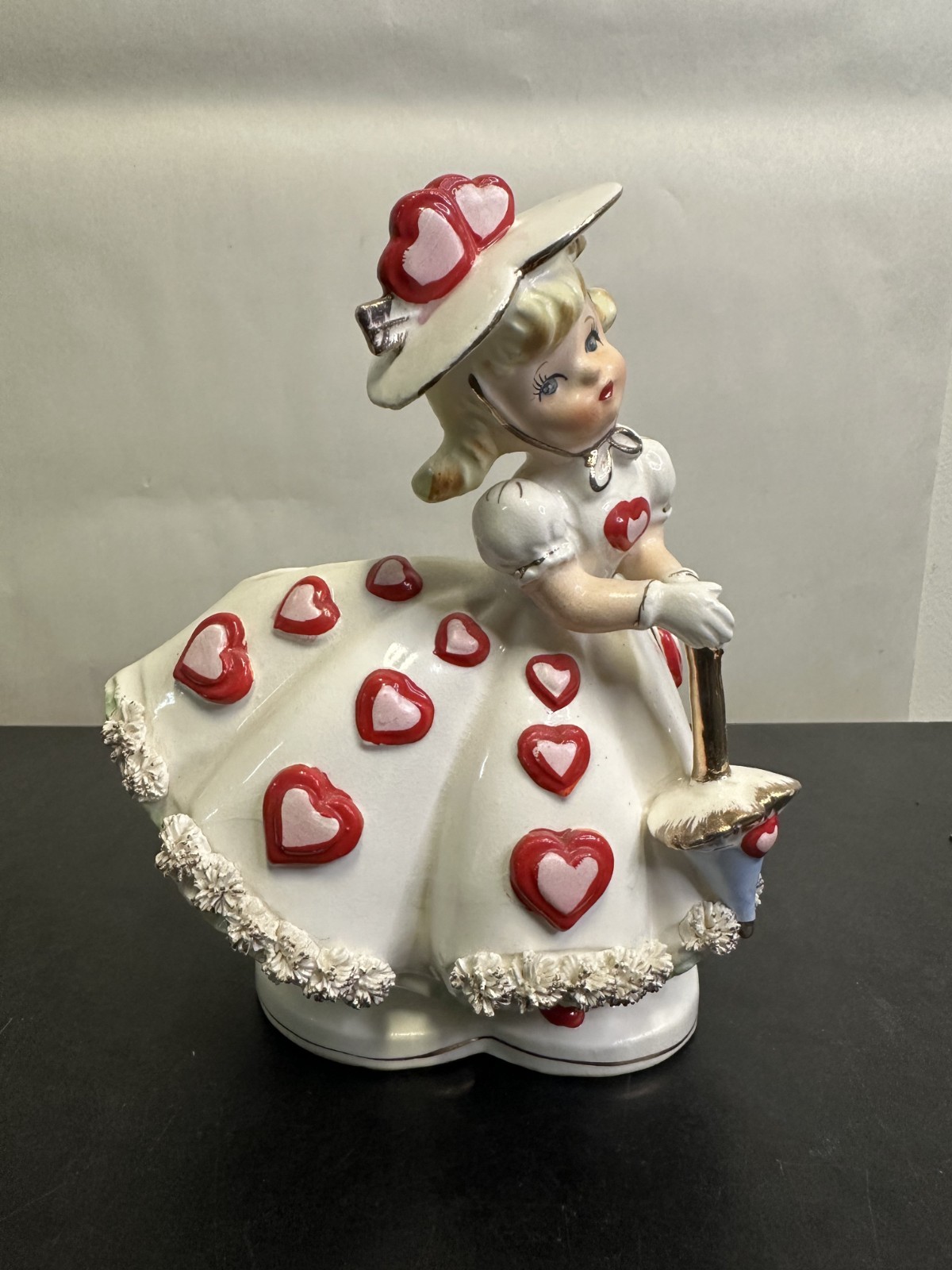 VTG Relpo A809 Valentine Lady Planter Girl Parasol Hearts Spaghetti Trim Japan