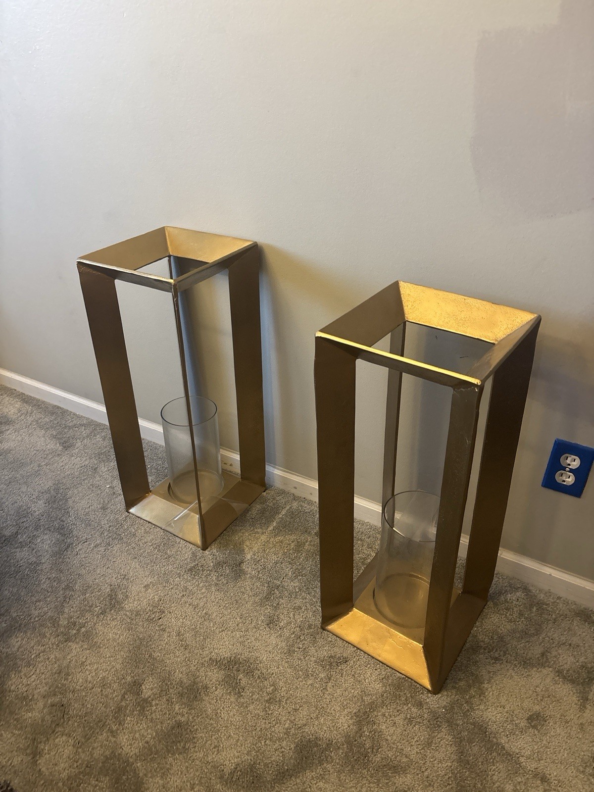 Set of 2 Antique Brass Lantern Pedestal Candle Holders – 9x25 Set of 2 Antique Brass Lantern Pedestal Candle Holders – 9x25