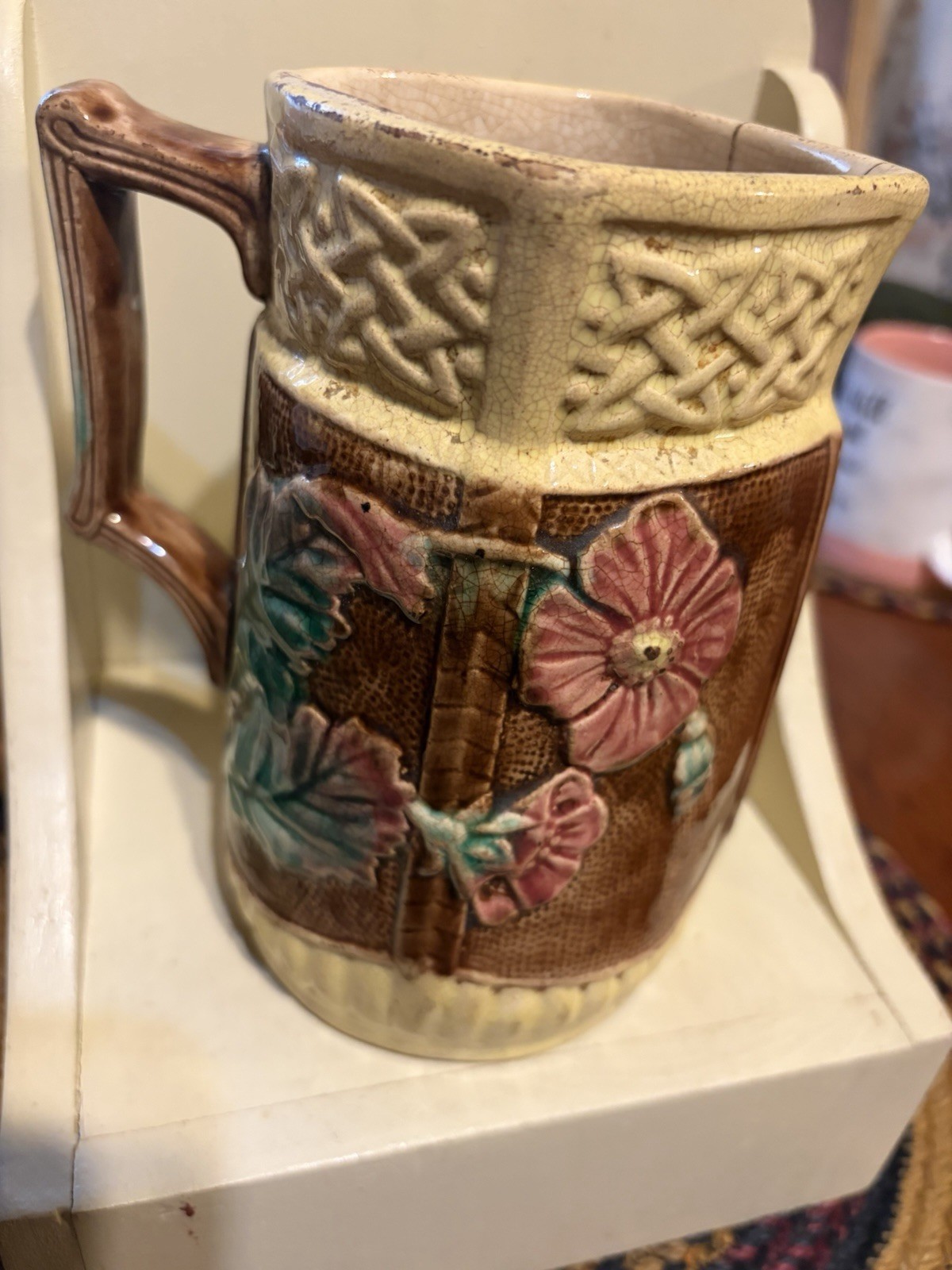 RARE Antique Majolica Pitcher English FOUR SIDED SQUARE TOP Round Bottom Floral-