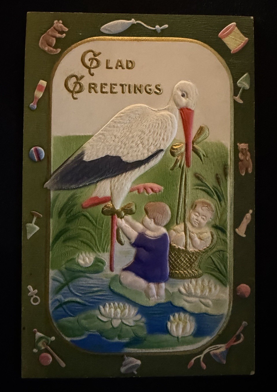 Stork with Babies~Toy Border ~Antique Airbrushed Greeting Postcard~s669 Stork with Babies~Toy Border ~Antique Airbrushed Greeting Postcard~s669
