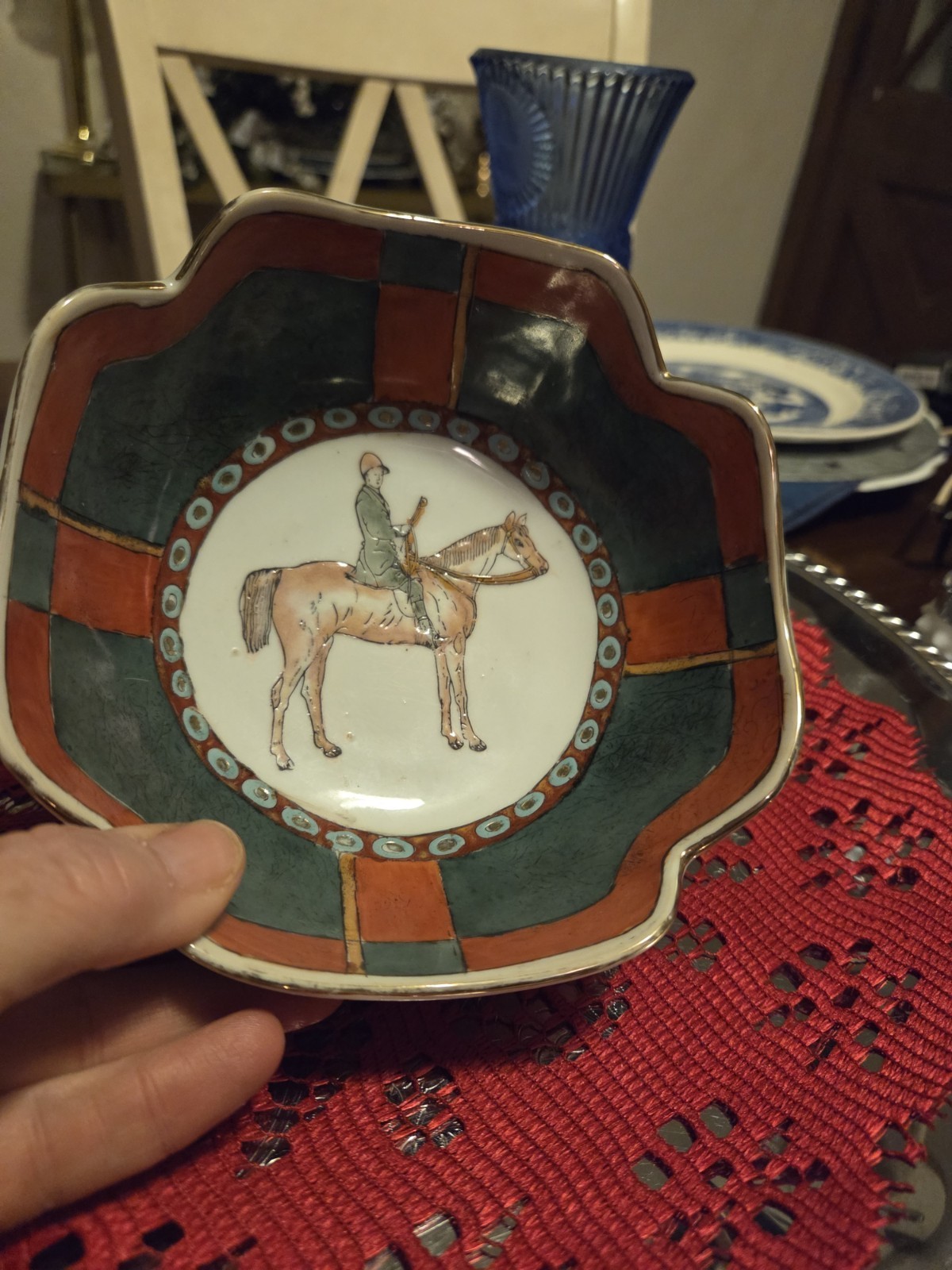 vintage Japanese Kutani equestrian Bowl features a hand-painted horse and rider vintage Japanese Kutani equestrian Bowl features a hand-painted horse and rider