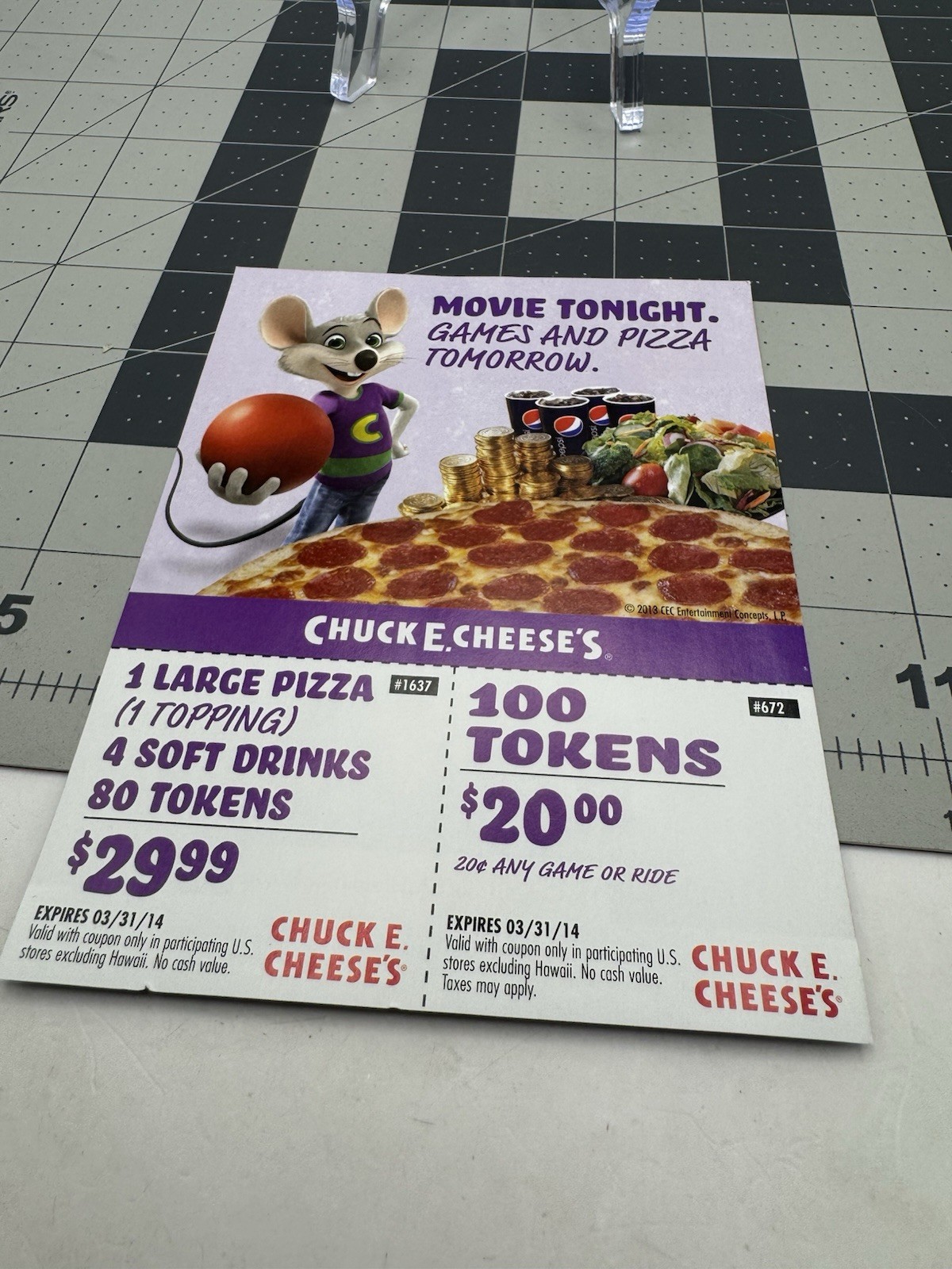 Genuine 2013 Chuck E. Cheese's Avenger Era CEC Coupon 3.5" x 5.5" Exp. 3/31/14 Genuine 2013 Chuck E. Cheese's Avenger Era CEC Coupon 3.5" x 5.5" Exp. 3/31/14