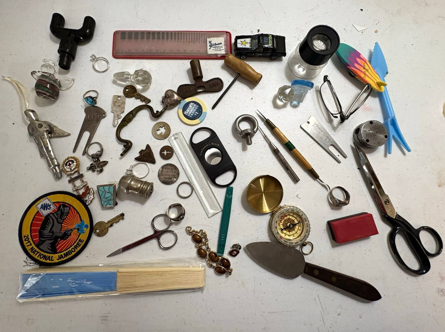 Junk Drawer Collectibles Mixed Lot w/Jewelry, Pins, Patch, Scissors Misc Junk Drawer Collectibles Mixed Lot w/Jewelry, Pins, Patch, Scissors Misc